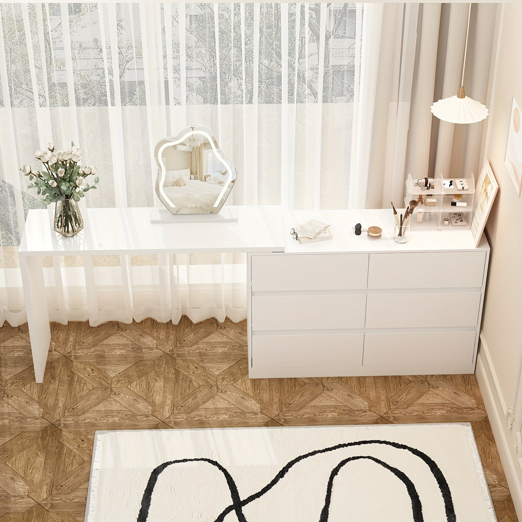 A Modern And Minimalist White Dressing Table with Six Drawers, Suitable for Makeup And Can Also Serve As a Multifunctional Office Desk