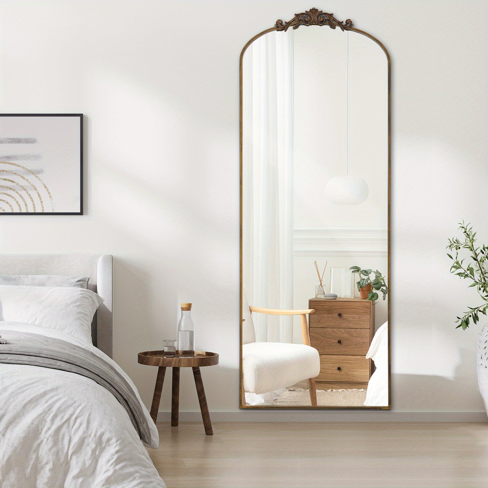 Vintage Arched Filigree Floor Mirror, Full Body Mirror with Ornate Carved Appliquem, Bathroom Mirror Wall Mountable for Bathroom, Living Room, Entrance Dressing Room, Bedroom, Hallway
