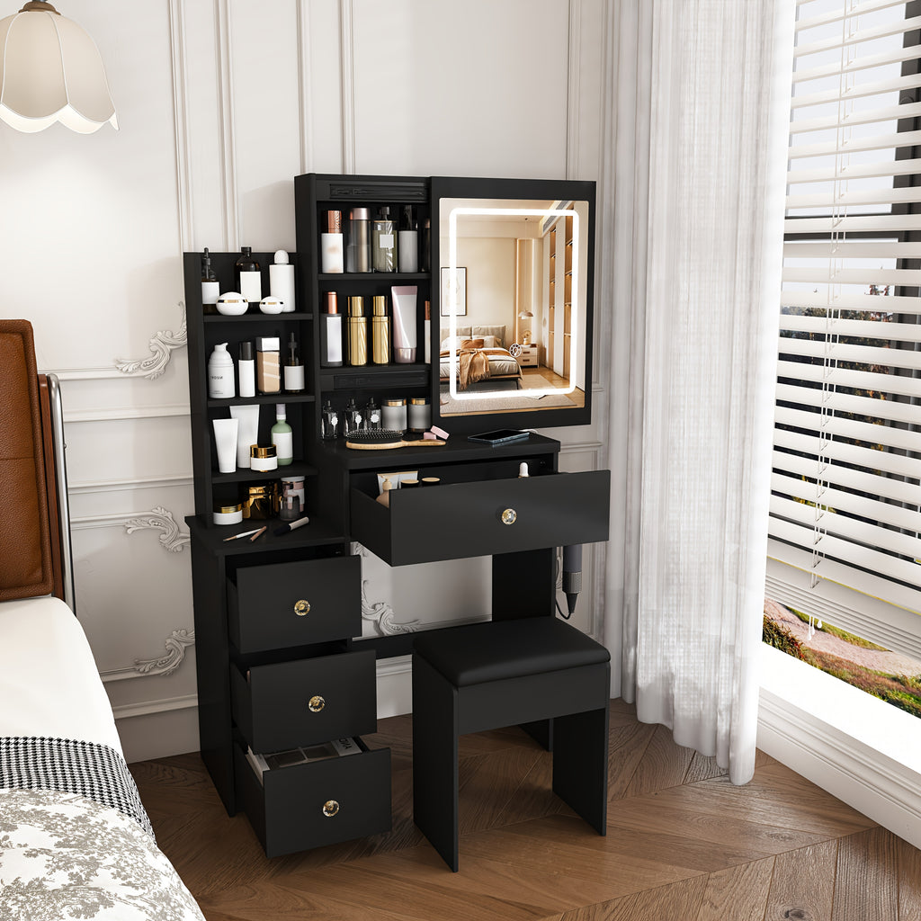 Modern Vanity Desk with LED Lighting & Dressing Chair - Adjustable Brightness, 4 Drawers & Shelves, Hair Dryer Holder, Suitable for for Bedroom, Dressing Table, Bathroom Storage, Space-Saving, Assembly Required