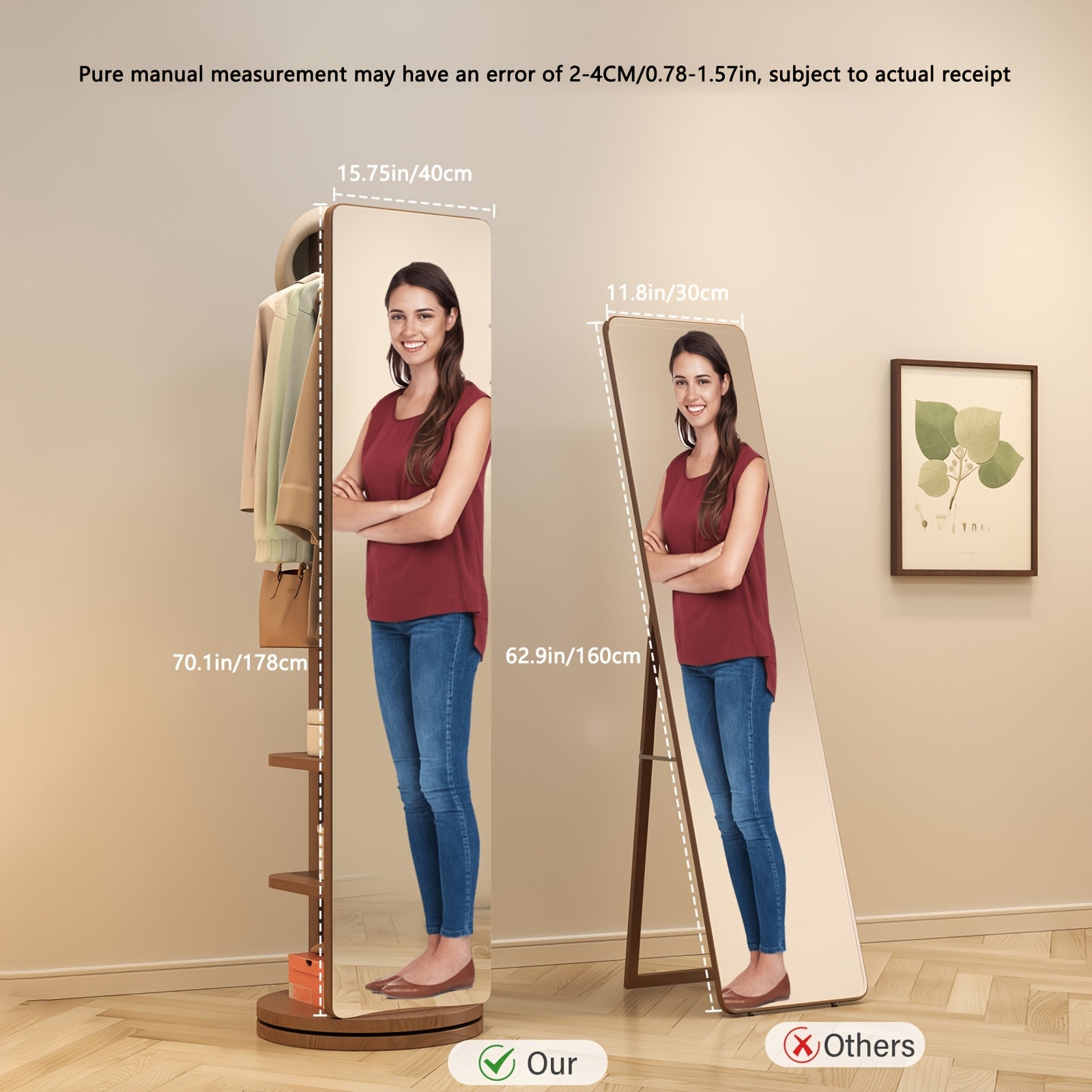 Solid Wood Full-Length Mirror for The Floor, Ideal for Bedrooms And Living Rooms. This Versatile, Rotatable Mirror Comes with an Integrated Hanger, Making It Perfect for Christmas Gifts And Black Friday Deals, with Free Shipping Included