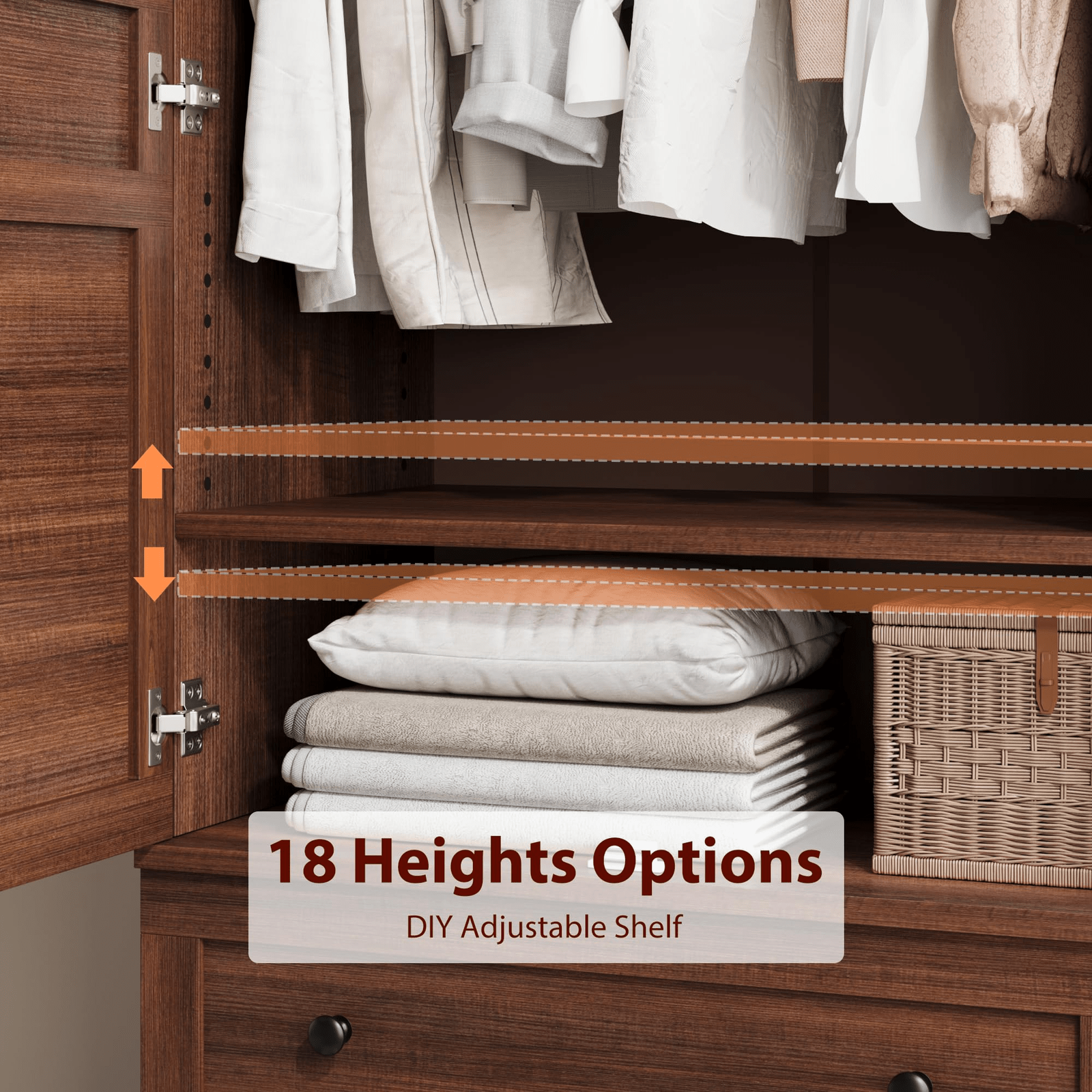 72-Inch Tall Modern Armoire Wardrobe Closet with 2 Drawers, Hanging Rod & 18 Adjustable Shelves - Walnut Brown Storage Cabinet Suitable for Clothes, Bedroom, Living Room, Entryway Furniture, Ideal Housewarming Gift for Women & Men