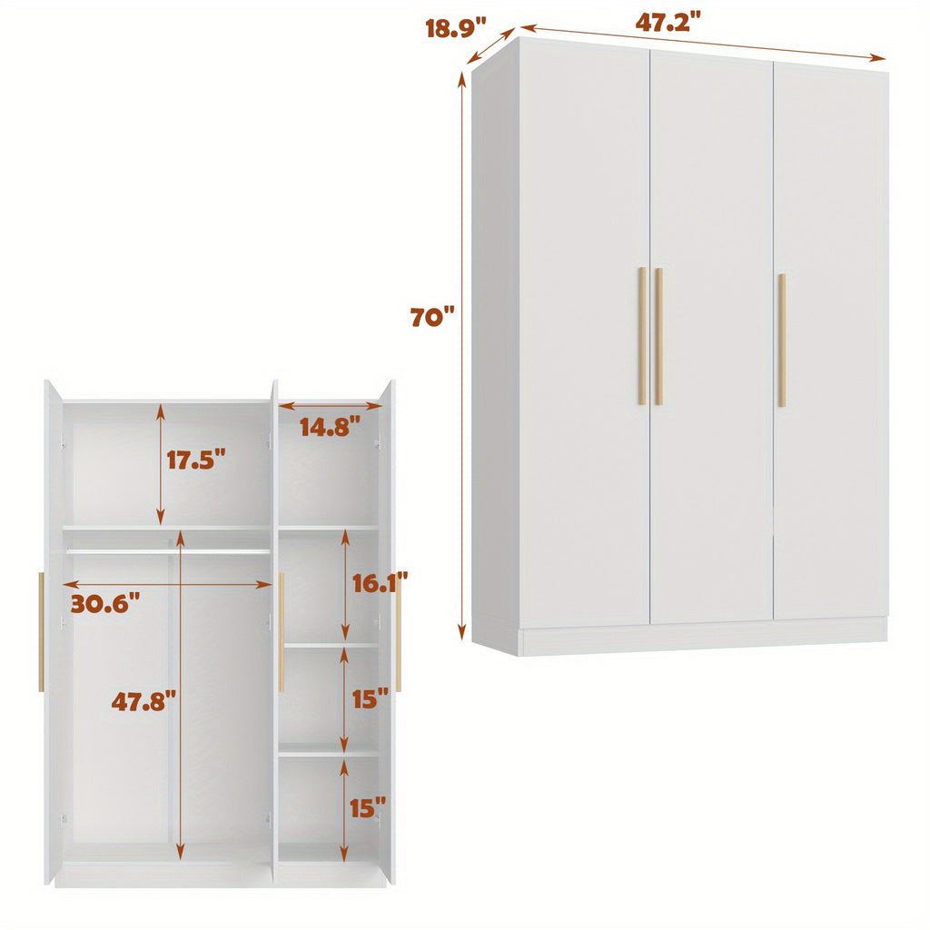 Modern 3-Door Wood Armoire Wardrobe Closet for Clothes Storage, with 6 Compartments And Hanging Rod, Wardrobe Closet with Handles for Bedroom, Large Storage Capacity, Grey Brown And White Styles