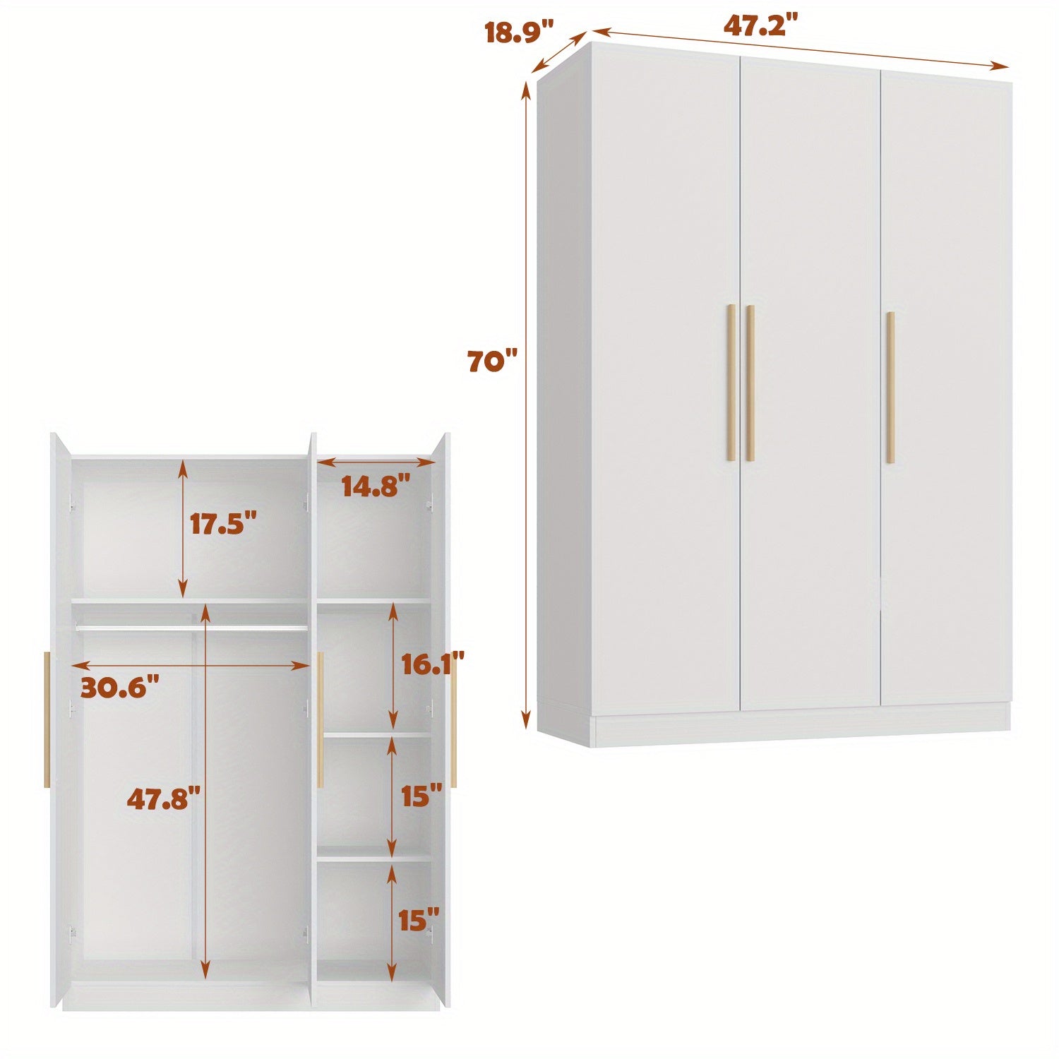 Modern 3-Door Wood Armoire Wardrobe Closet for Clothes Storage, with 6 Compartments And Hanging Rod, Wardrobe Closet with Handles for Bedroom, Large Storage Capacity, Grey Brown And White Styles