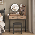 Vanity Desk with Mirror And Lights, Makeup Vanity Table Set with Storage Stool & Charging Station, Glass Tabletop And RGB Cabinets, Dressing Table with Jewellery Organizer Drawers for Bedroom
