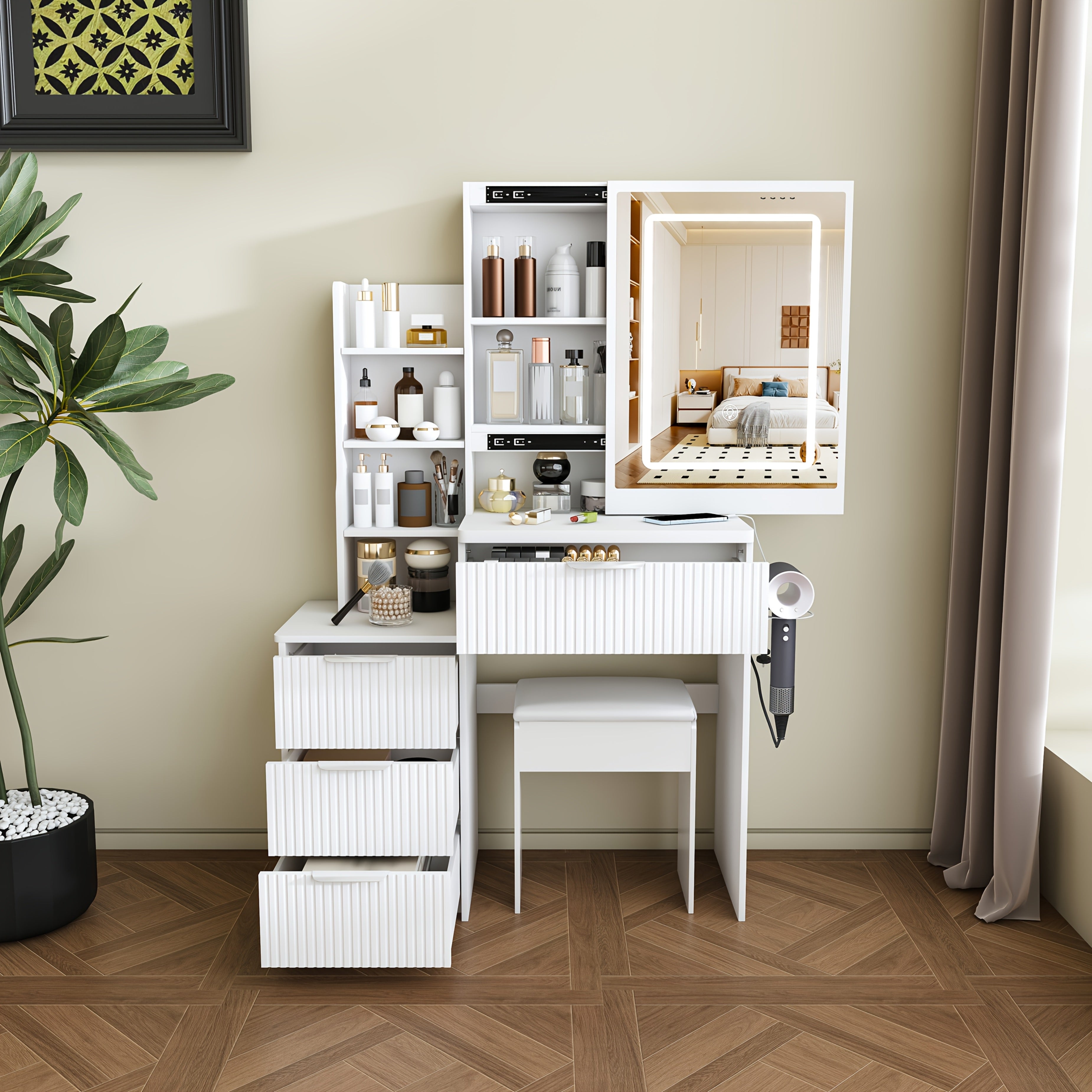 Modern Vanity Desk with LED Lighting & Dressing Chair - Adjustable Brightness, 4 Drawers & Shelves, Hair Dryer Holder, Suitable for for Bedroom, Dressing Table, Bathroom Storage, Space-Saving, Assembly Required