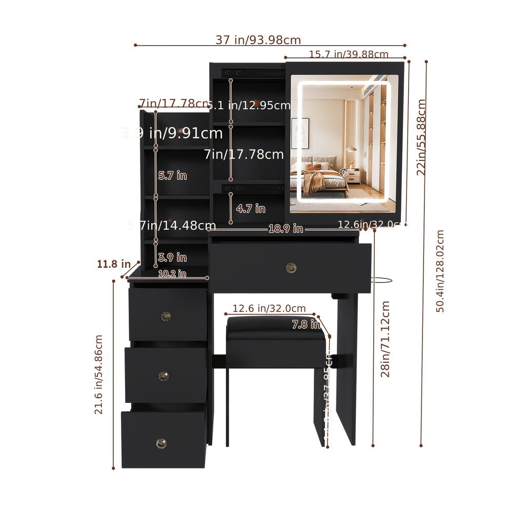 Modern Vanity Desk with LED Lighting & Dressing Chair - Adjustable Brightness, 4 Drawers & Shelves, Hair Dryer Holder, Suitable for for Bedroom, Dressing Table, Bathroom Storage, Space-Saving, Assembly Required