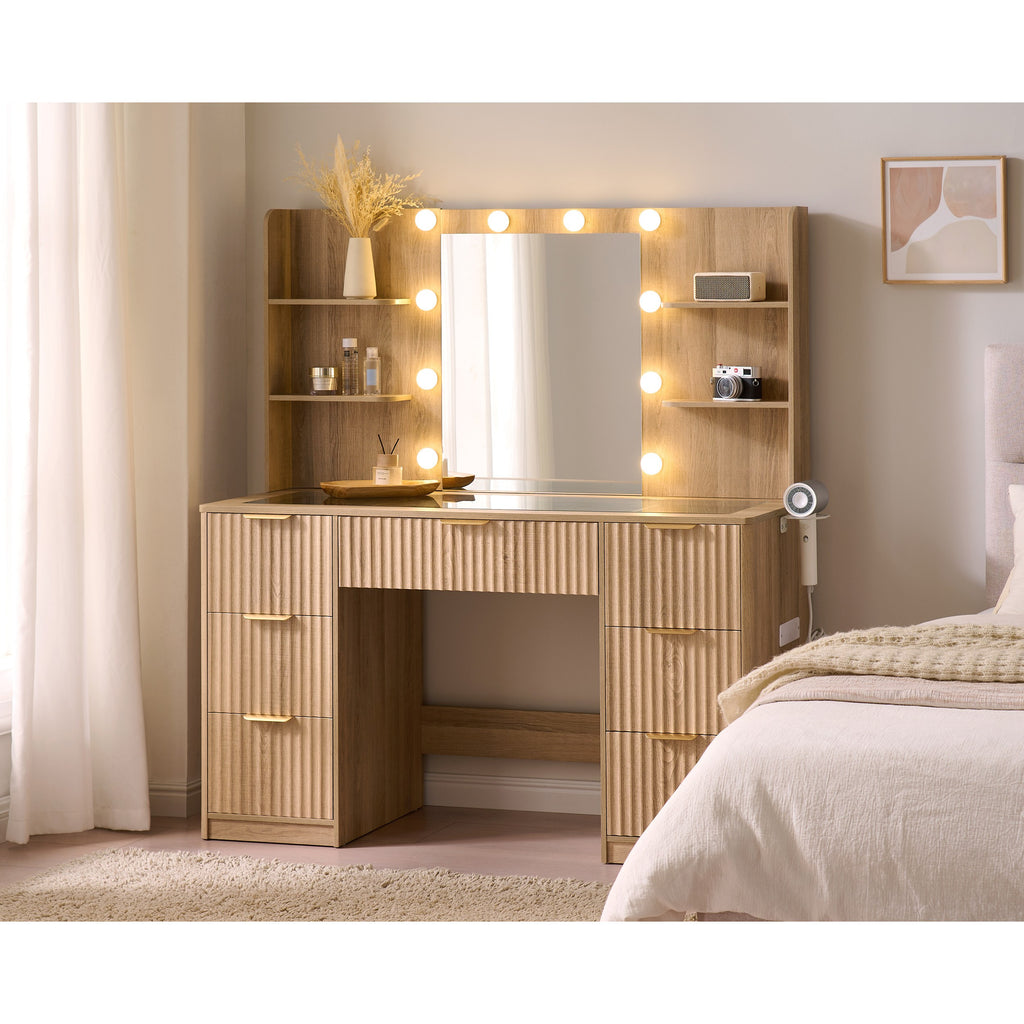 Fluted Vanity Desk with Mirror and Adjustable LED Lights, Large Drawers Makeup Table with Glass Top and Charging Station