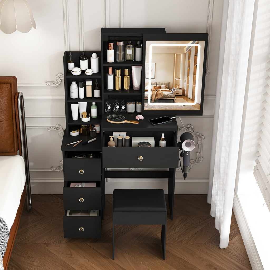 Modern Vanity Desk with LED Lighting & Dressing Chair - Adjustable Brightness, 4 Drawers & Shelves, Hair Dryer Holder, Suitable for for Bedroom, Dressing Table, Bathroom Storage, Space-Saving, Assembly Required