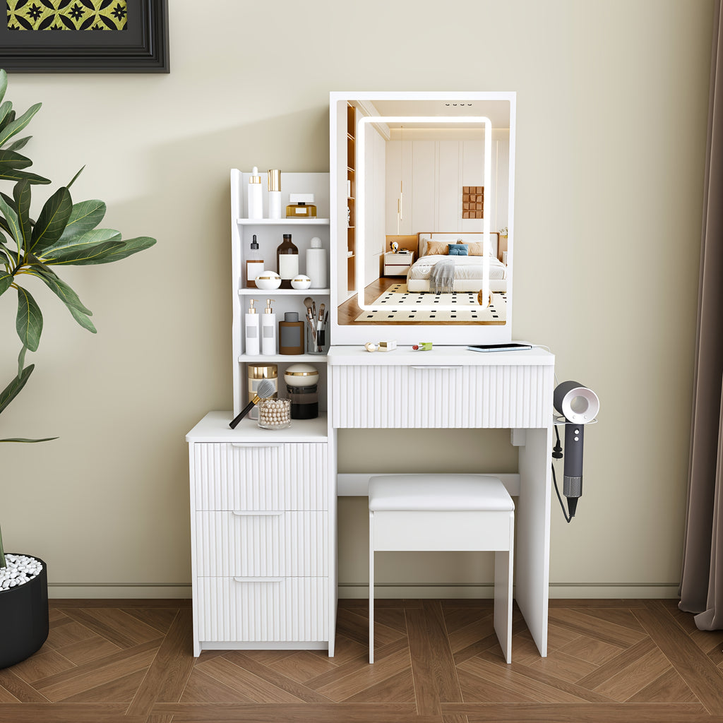 Modern Vanity Desk with LED Lighting & Dressing Chair - Adjustable Brightness, 4 Drawers & Shelves, Hair Dryer Holder, Suitable for for Bedroom, Dressing Table, Bathroom Storage, Space-Saving, Assembly Required