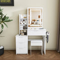 Modern Vanity Desk with LED Lighting & Dressing Chair - Adjustable Brightness, 4 Drawers & Shelves, Hair Dryer Holder, Suitable for for Bedroom, Dressing Table, Bathroom Storage, Space-Saving, Assembly Required