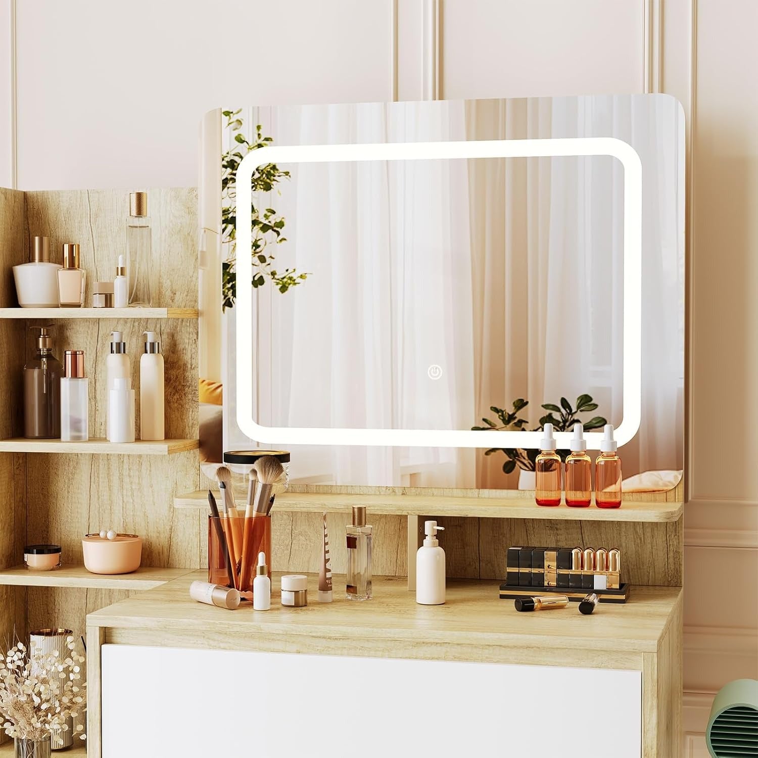 Modern 36-inch Dressing Table with LED Mirror & Adjustable Lighting, USB Port & Power Outlet - \u002FVanity Desk Suitable for Bedroom, Stool Included, Storage Shelves & Drawers, Assembly Required ( Style)