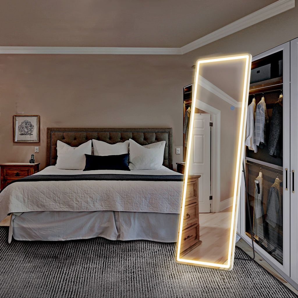 MCQ Arched\u002FRectangular LED Full Length Mirror, Full Body Floor Mirror Standing Hanging or Leaning Wall, Arch Wall Mirror with Stand Aluminum Alloy Thin Frame for Bedroom, Bathroom, Store