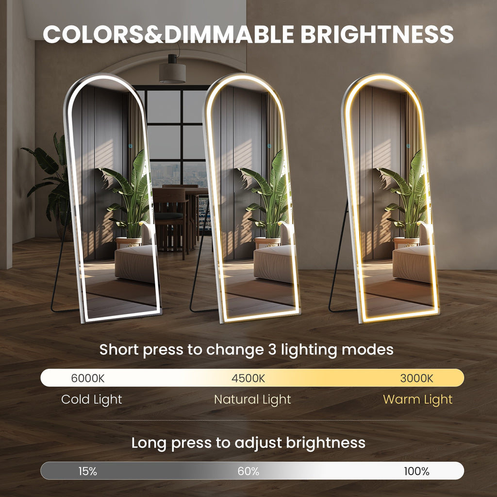 MCQ Arched\u002FRectangular LED Full Length Mirror, Full Body Floor Mirror Standing Hanging or Leaning Wall, Arch Wall Mirror with Stand Aluminum Alloy Thin Frame for Bedroom, Bathroom, Store