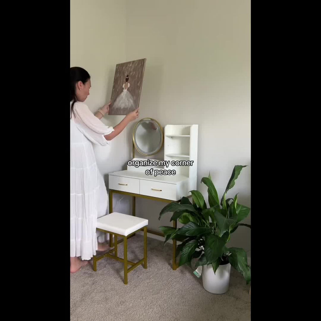Vanity Desk with Mirror And Lights, Makeup Vanity Table Set with Storage Stool & Charging Station, Glass Tabletop And RGB Cabinets, Dressing Table with Jewellery Organizer Drawers for Bedroom