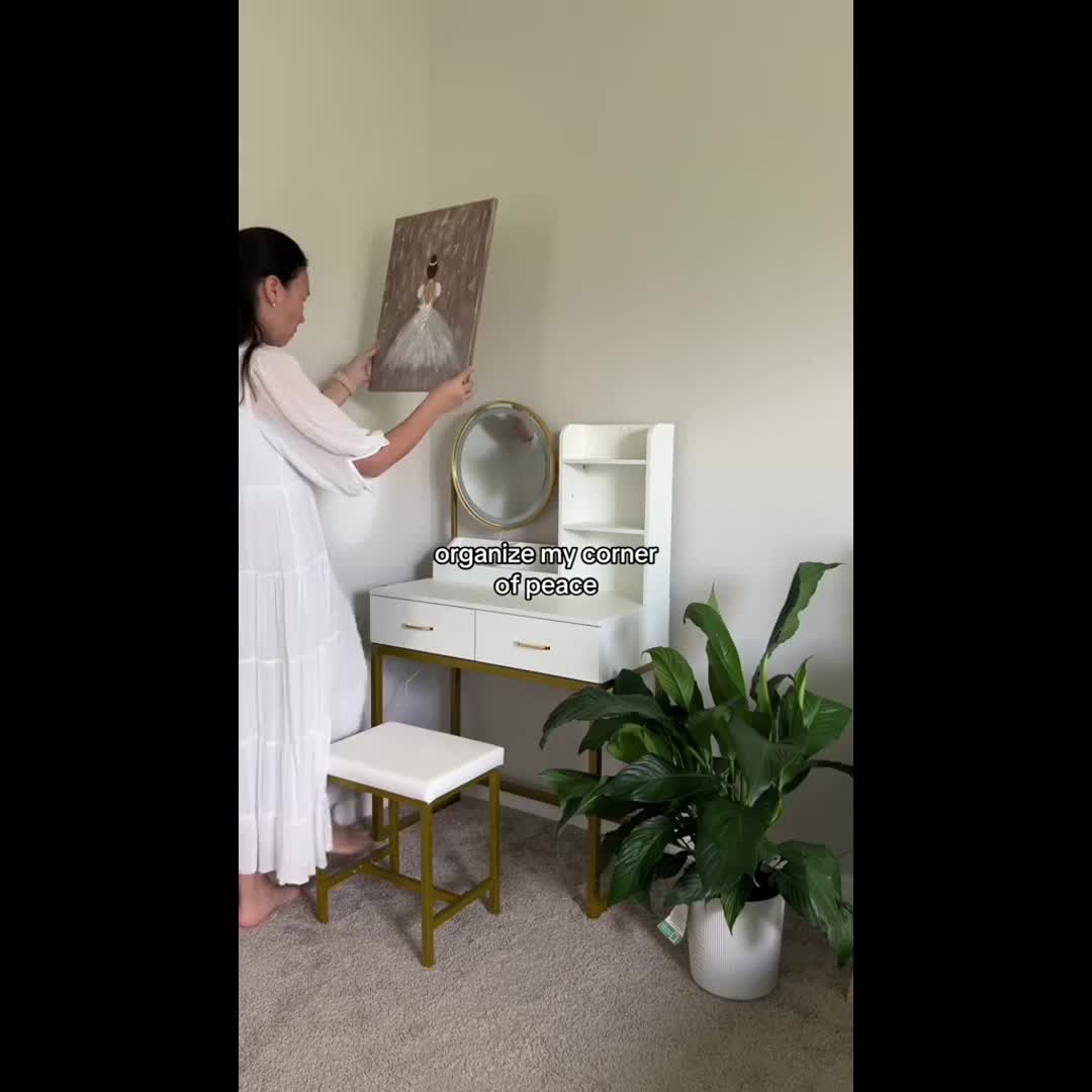 Vanity Desk with Mirror And Lights, Makeup Vanity Table Set with Storage Stool & Charging Station, Glass Tabletop And RGB Cabinets, Dressing Table with Jewellery Organizer Drawers for Bedroom