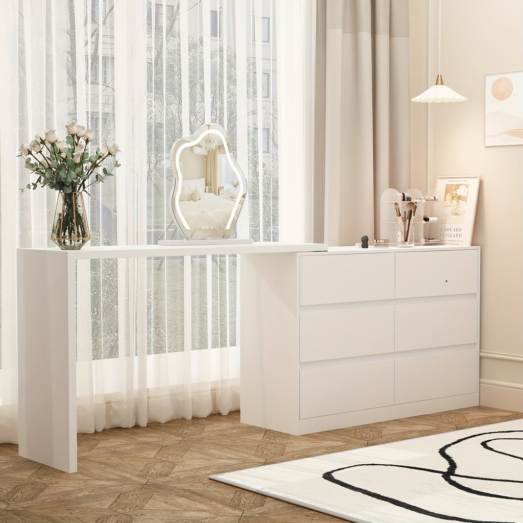 A Modern And Minimalist White Dressing Table with Six Drawers, Suitable for Makeup And Can Also Serve As a Multifunctional Office Desk