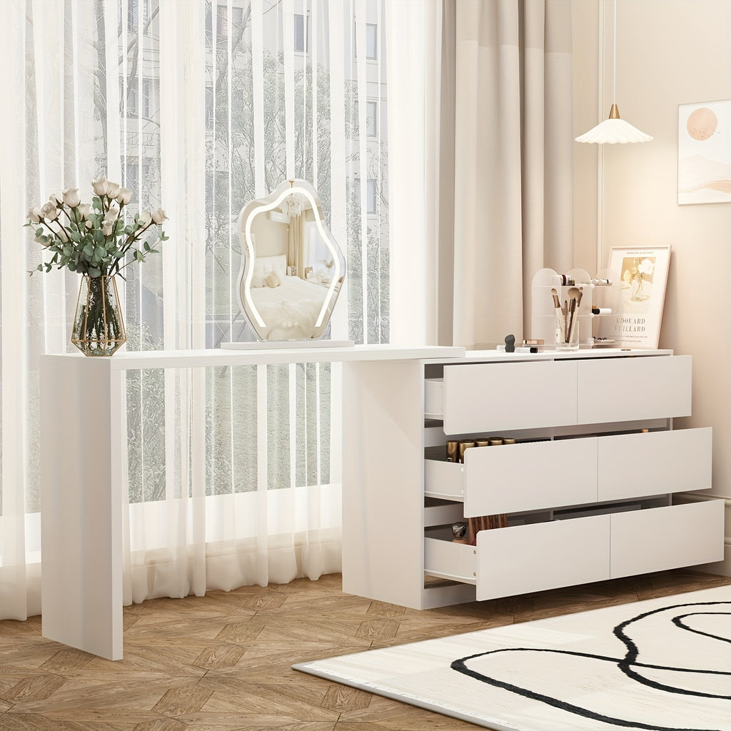 A Modern And Minimalist White Dressing Table with Six Drawers, Suitable for Makeup And Can Also Serve As a Multifunctional Office Desk