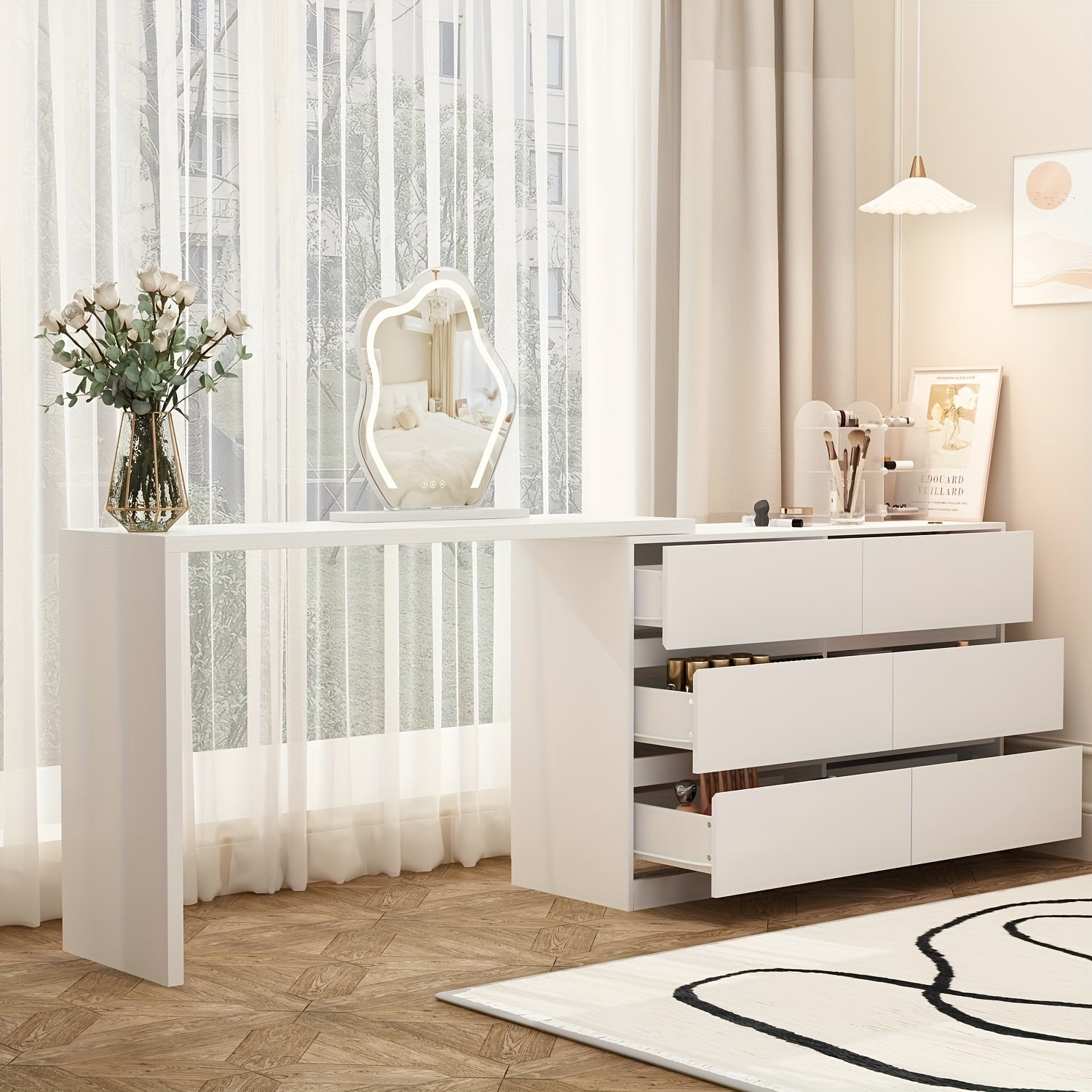 A Modern And Minimalist White Dressing Table with Six Drawers, Suitable for Makeup And Can Also Serve As a Multifunctional Office Desk