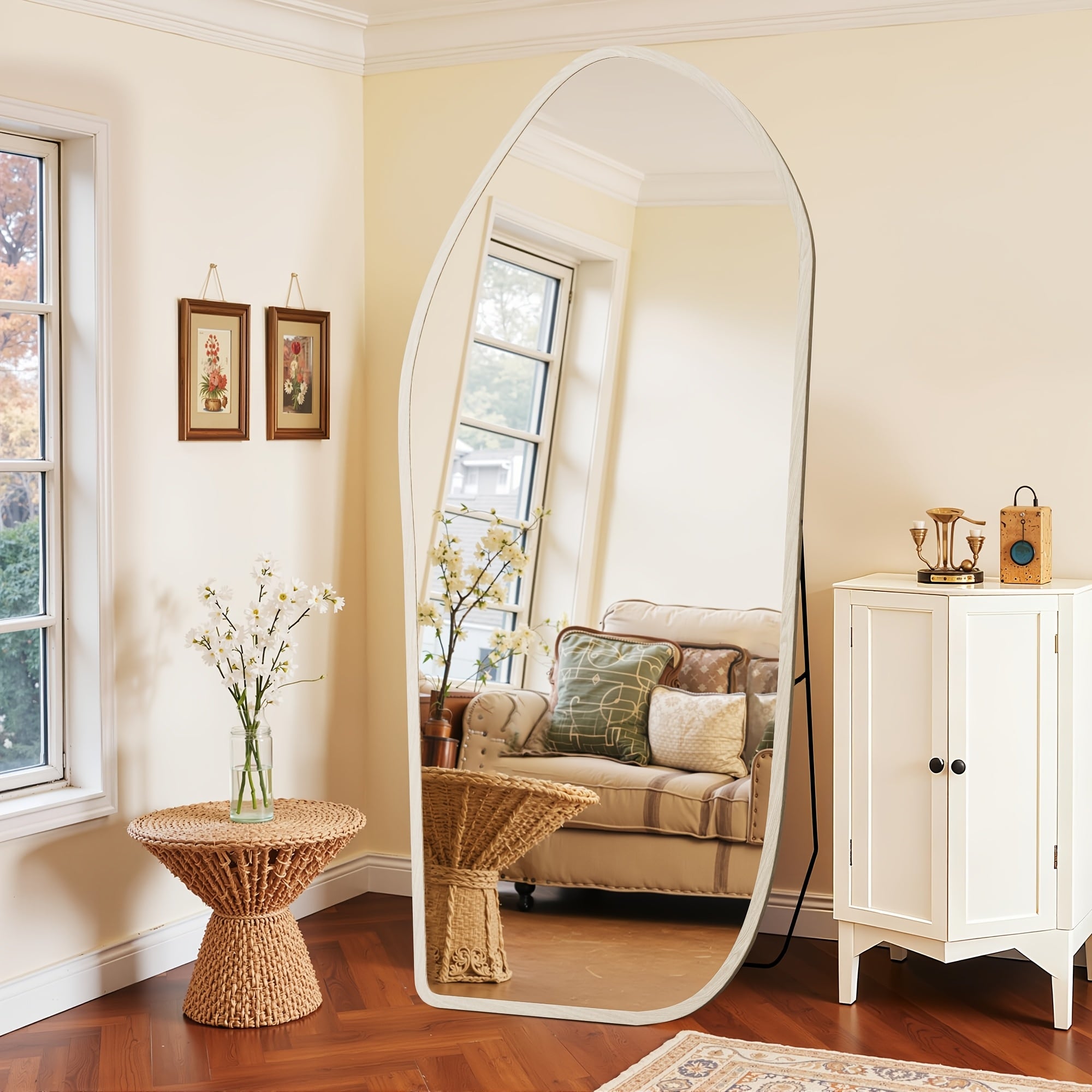 Large Oversized Full-Length Floor Mirror with Solid Wood Frame & Bohemian Suitable for Bedroom, Living Room - Moisture-Resistant Standing Mirror, Panel Vertical Floor Mirror for Dressing Room, Modern Decor, Painted