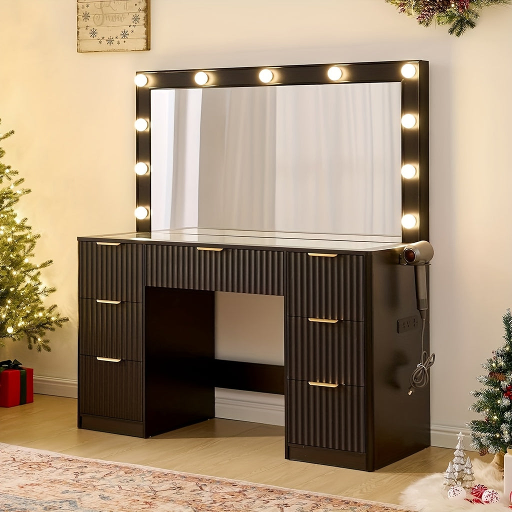 Fluted Vanity Desk with Large Mirror and Adjustable LED Lights, Drawers Makeup Table with Glass Top and Charging Station