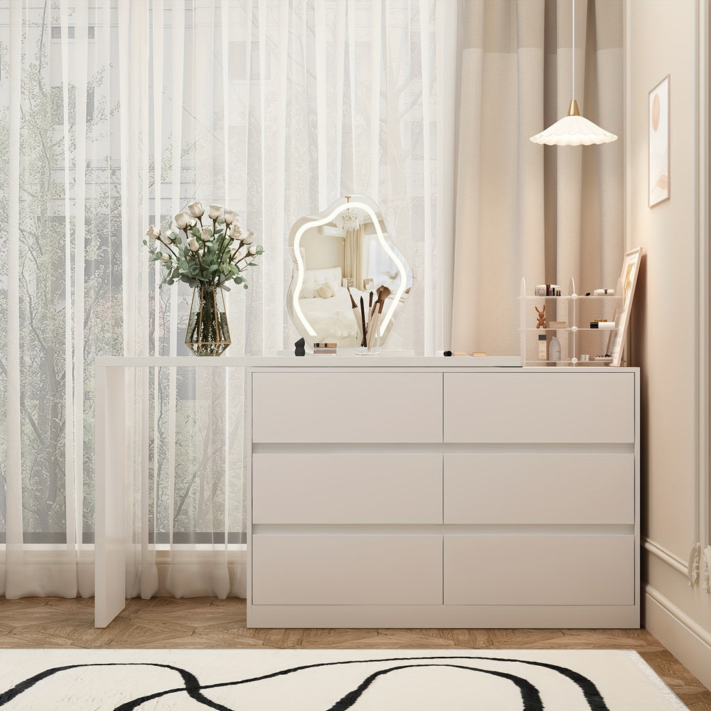 A Modern And Minimalist White Dressing Table with Six Drawers, Suitable for Makeup And Can Also Serve As a Multifunctional Office Desk