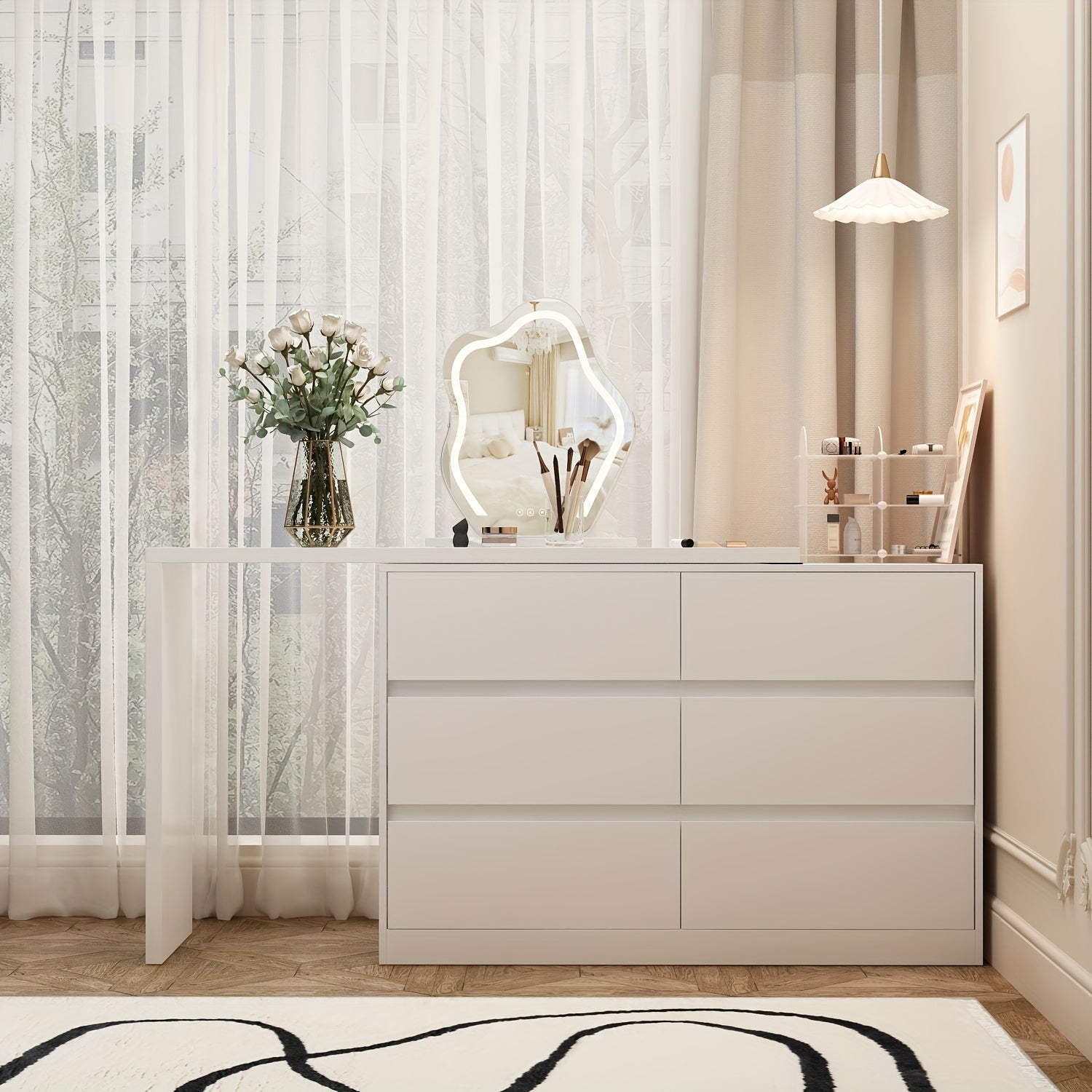 A Modern And Minimalist White Dressing Table with Six Drawers, Suitable for Makeup And Can Also Serve As a Multifunctional Office Desk
