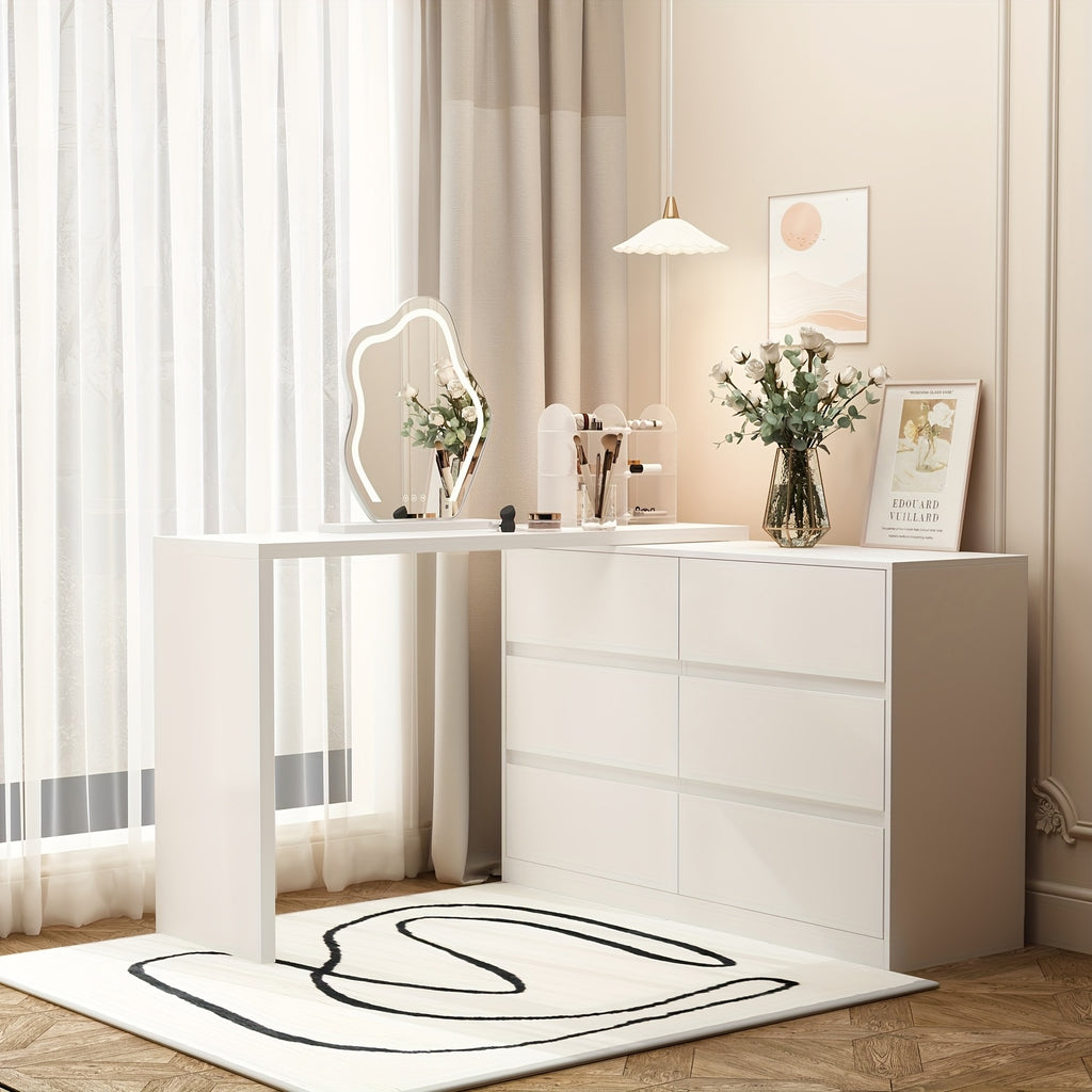 A Modern And Minimalist White Dressing Table with Six Drawers, Suitable for Makeup And Can Also Serve As a Multifunctional Office Desk