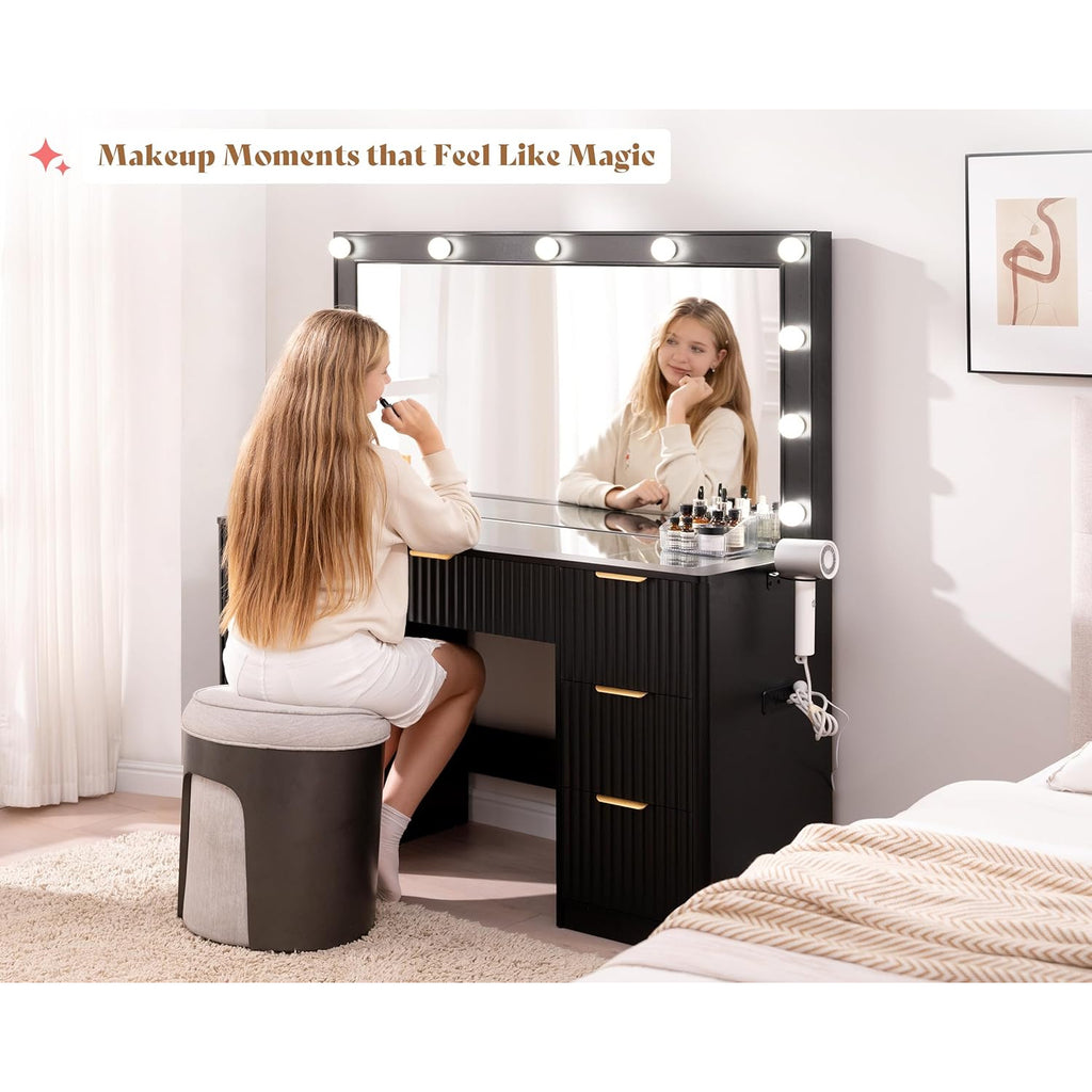 Fluted Vanity Desk with Large Mirror and Adjustable LED Lights, Drawers Makeup Table with Glass Top and Charging Station