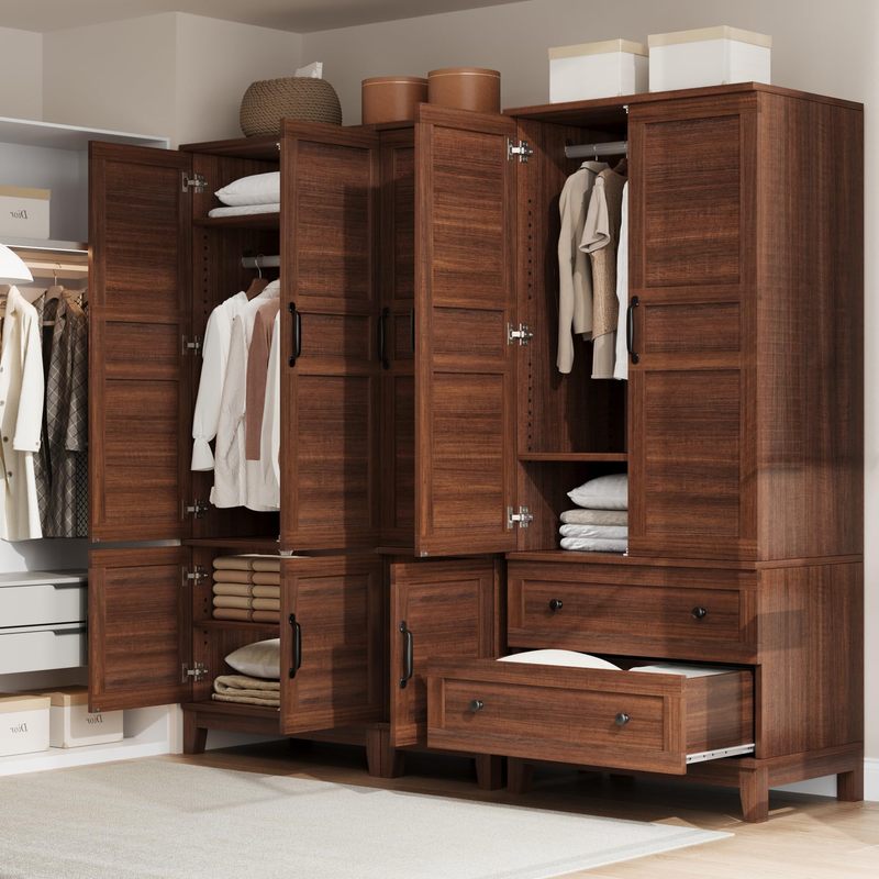 New Upgraded Tall Wooden Armoire Wardrobe in Walnut Brown, 72-Inch Height with 2 Drawers, Hanging Rod, Doors, and 18 Adjustable Shelves for Bedroom Storage for Home Room Decor Christmas Decorations, Birthday Gifts