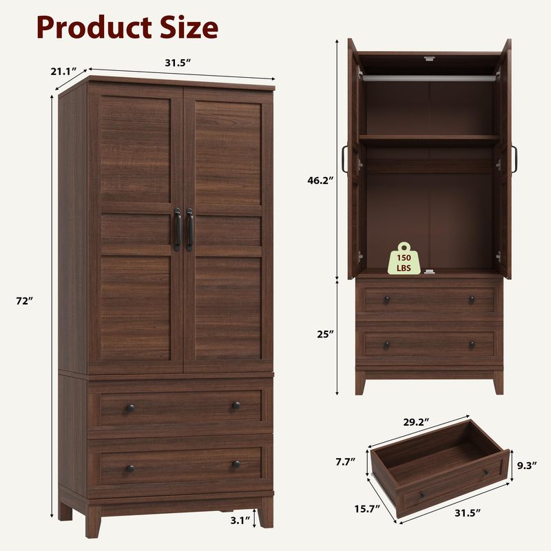 New Upgraded Tall Wooden Armoire Wardrobe in Walnut Brown, 72-Inch Height with 2 Drawers, Hanging Rod, Doors, and 18 Adjustable Shelves for Bedroom Storage for Home Room Decor Christmas Decorations, Birthday Gifts