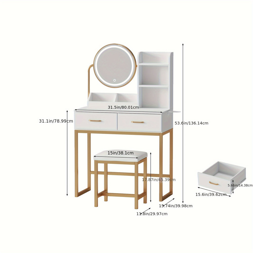Vanity Desk with Mirror And Lights, Makeup Vanity Table Set with Storage Stool & Charging Station, Glass Tabletop And RGB Cabinets, Dressing Table with Jewellery Organizer Drawers for Bedroom