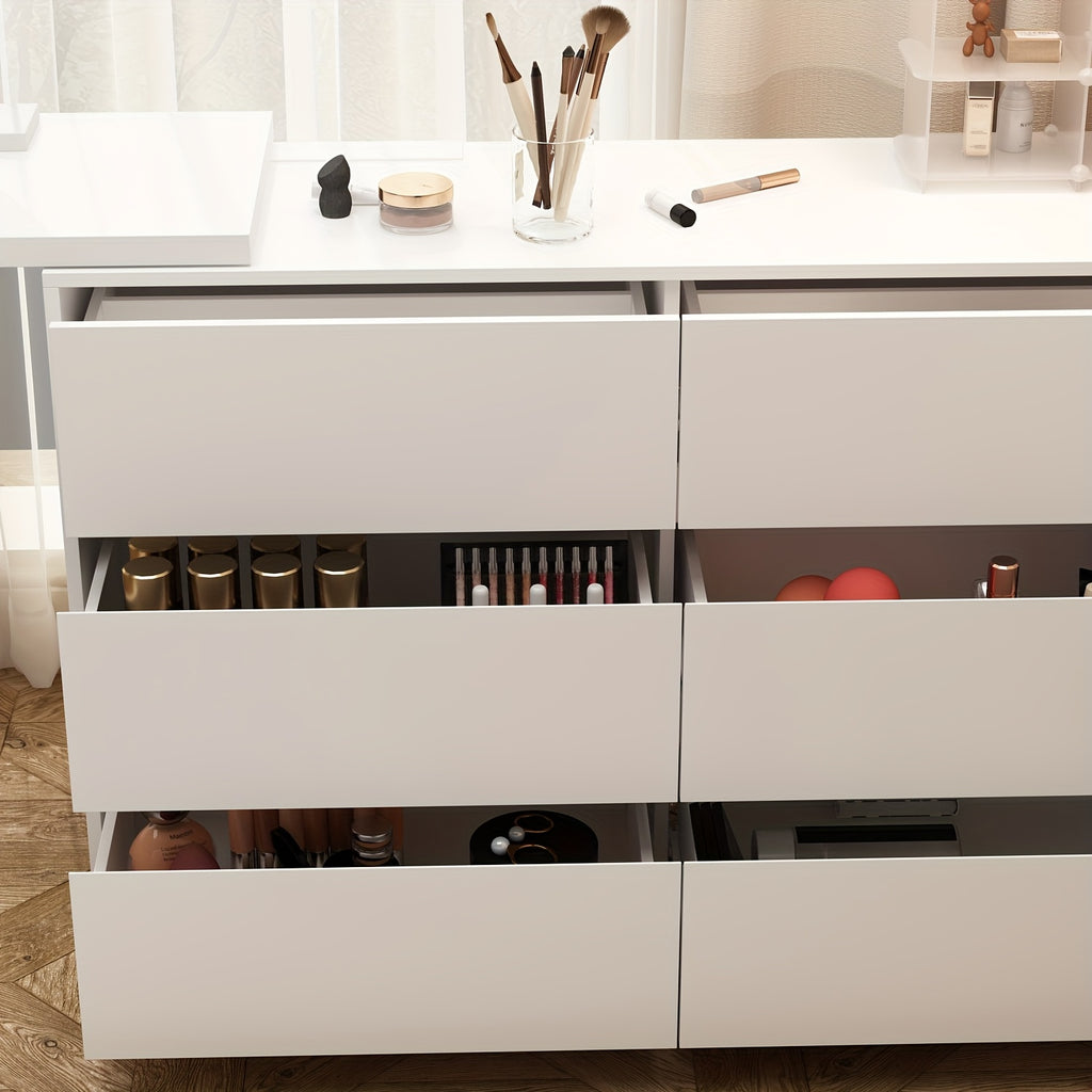A Modern And Minimalist White Dressing Table with Six Drawers, Suitable for Makeup And Can Also Serve As a Multifunctional Office Desk