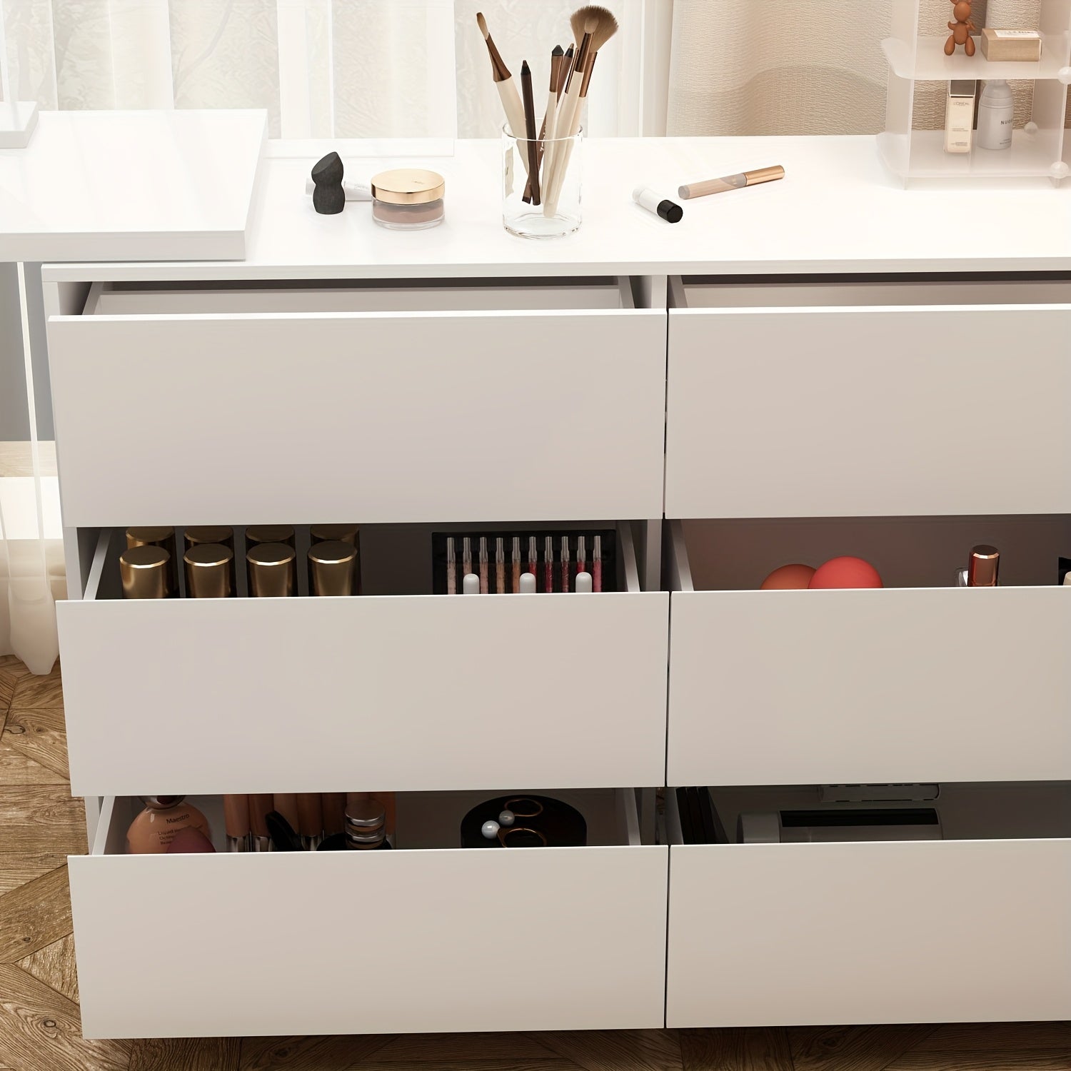 A Modern And Minimalist White Dressing Table with Six Drawers, Suitable for Makeup And Can Also Serve As a Multifunctional Office Desk