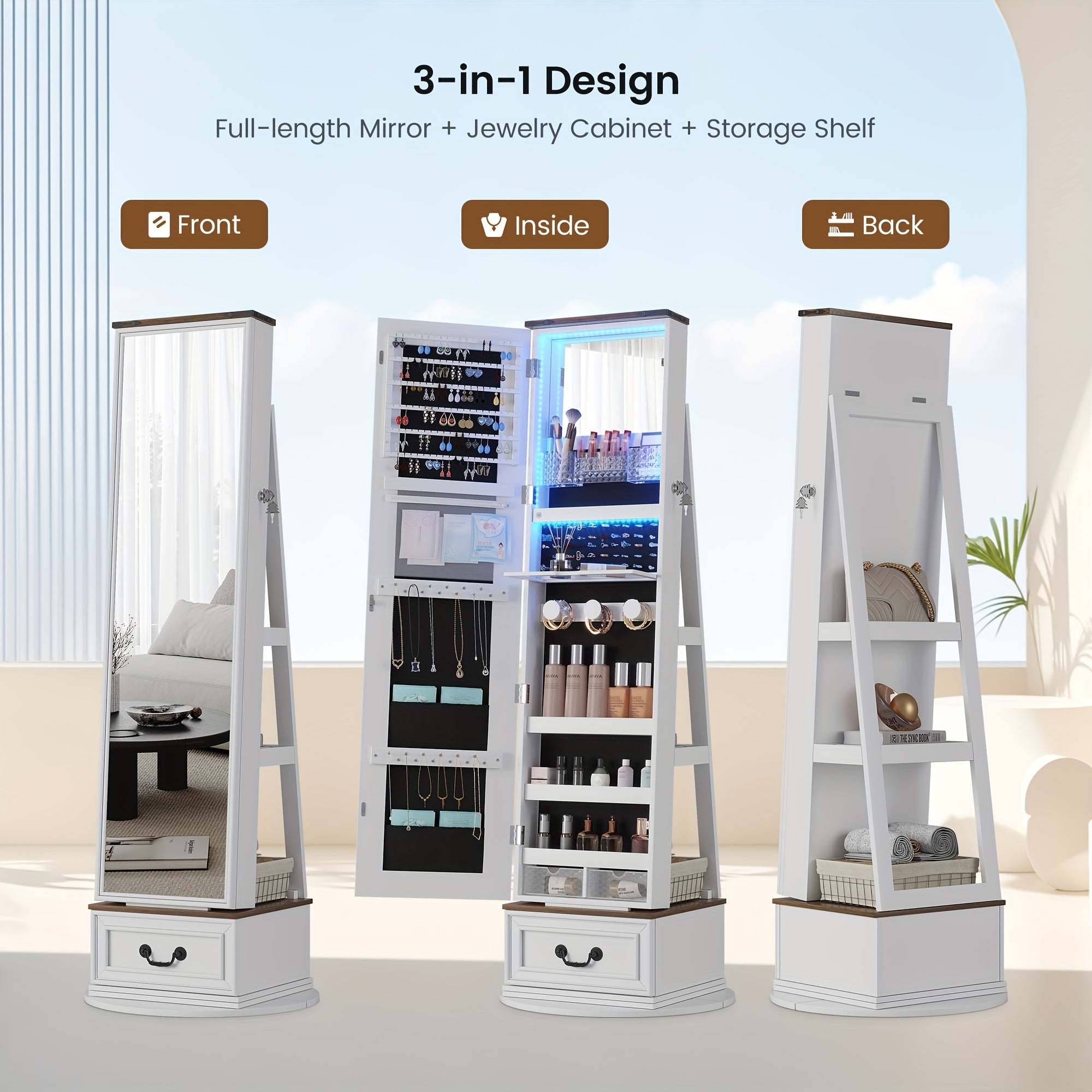 Vintage-Inspired 360° Swivel Jewelry Mirror Cabinet with Lights - Lockable, Full Length Organizer with Storage Drawer for Bedroom Decor
