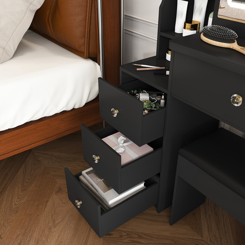 Modern Vanity Desk with LED Lighting & Dressing Chair - Adjustable Brightness, 4 Drawers & Shelves, Hair Dryer Holder, Suitable for for Bedroom, Dressing Table, Bathroom Storage, Space-Saving, Assembly Required