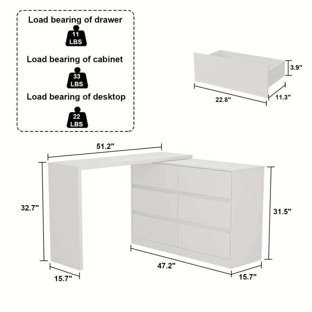 A Modern And Minimalist White Dressing Table with Six Drawers, Suitable for Makeup And Can Also Serve As a Multifunctional Office Desk