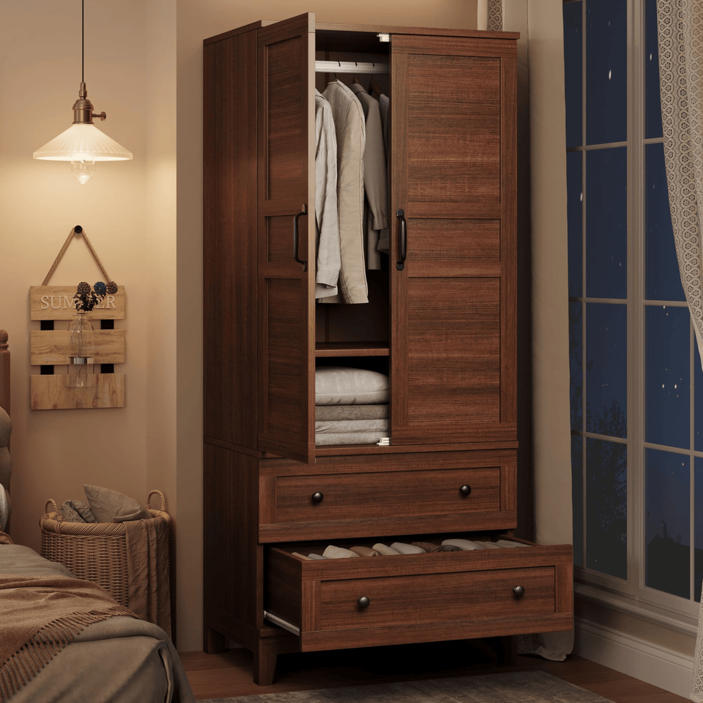 72-Inch Tall Modern Armoire Wardrobe Closet with 2 Drawers, Hanging Rod & 18 Adjustable Shelves - Walnut Brown Storage Cabinet Suitable for Clothes, Bedroom, Living Room, Entryway Furniture, Ideal Housewarming Gift for Women & Men