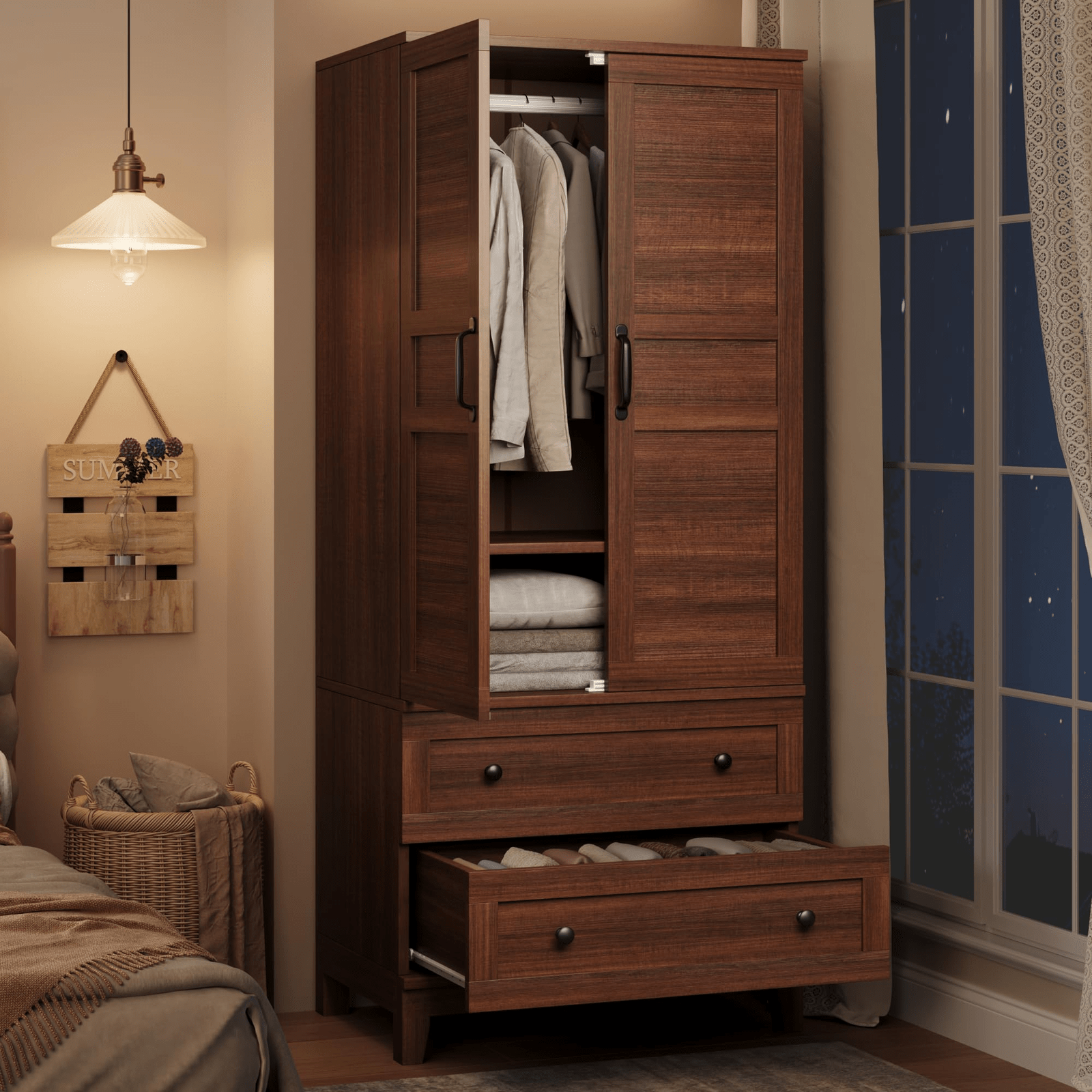 72-Inch Tall Modern Armoire Wardrobe Closet with 2 Drawers, Hanging Rod & 18 Adjustable Shelves - Walnut Brown Storage Cabinet Suitable for Clothes, Bedroom, Living Room, Entryway Furniture, Ideal Housewarming Gift for Women & Men