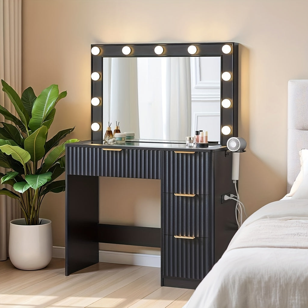Fluted Vanity Desk with Large Mirror and Adjustable LED Lights, Drawers Makeup Table with Glass Top and Charging Station