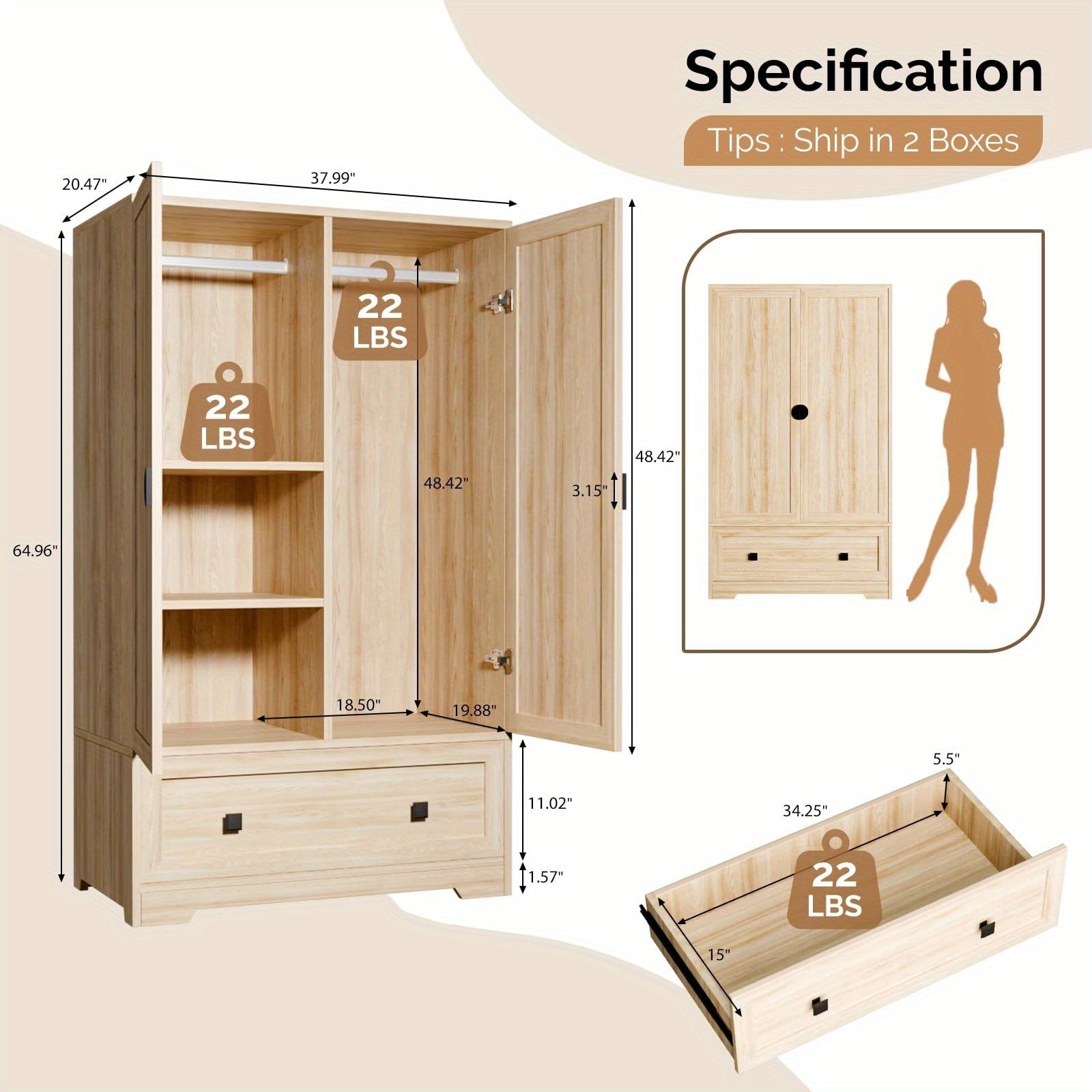 Bonnlo Freestanding Wide Armoire Wardrobe Closet with Shelves, Hanging Rod And Drawers for Bedroom