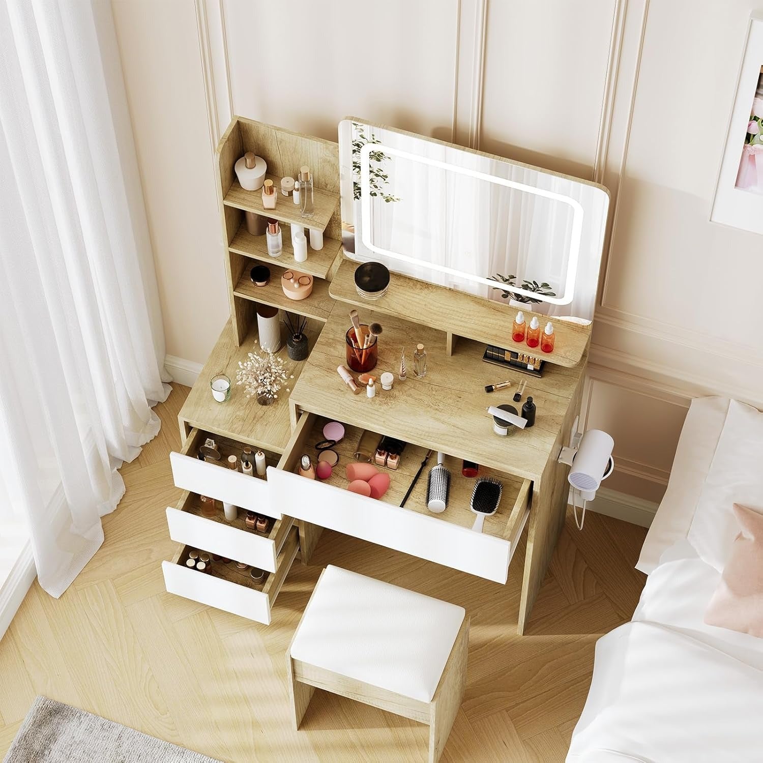 Modern 36-inch Dressing Table with LED Mirror & Adjustable Lighting, USB Port & Power Outlet - \u002FVanity Desk Suitable for Bedroom, Stool Included, Storage Shelves & Drawers, Assembly Required ( Style)
