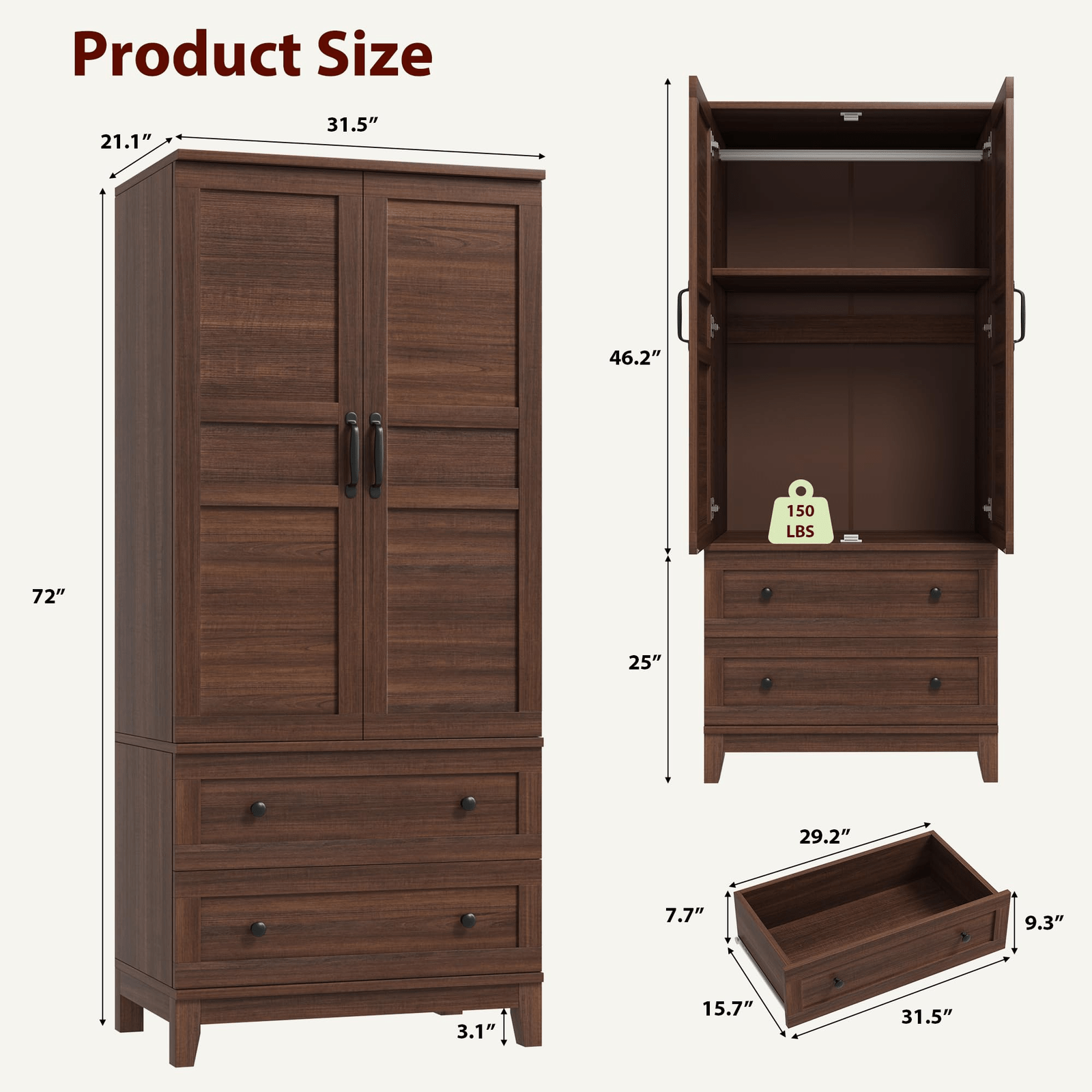 72-Inch Tall Modern Armoire Wardrobe Closet with 2 Drawers, Hanging Rod & 18 Adjustable Shelves - Walnut Brown Storage Cabinet Suitable for Clothes, Bedroom, Living Room, Entryway Furniture, Ideal Housewarming Gift for Women & Men