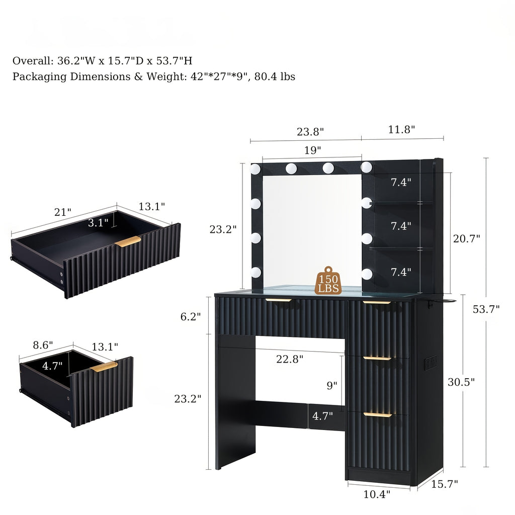 Fluted Vanity Desk with Large Mirror and Adjustable LED Lights, Drawers Makeup Table with Glass Top and Charging Station