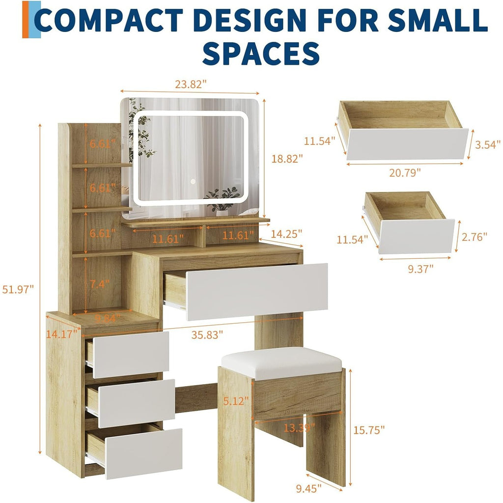 Modern 36-inch Dressing Table with LED Mirror & Adjustable Lighting, USB Port & Power Outlet - \u002FVanity Desk Suitable for Bedroom, Stool Included, Storage Shelves & Drawers, Assembly Required ( Style)