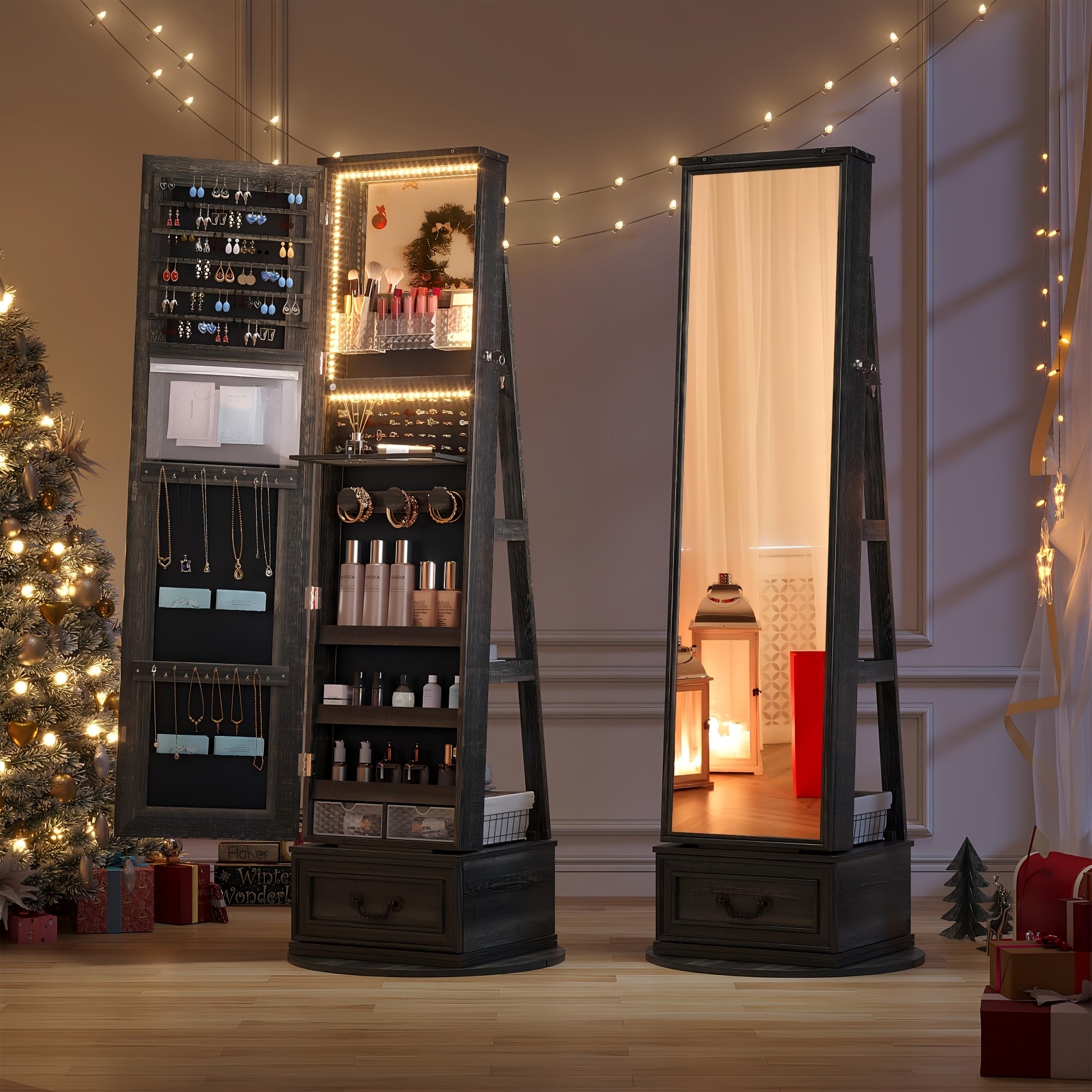 Vintage-Inspired 360° Swivel Jewelry Mirror Cabinet with Lights - Lockable, Full Length Organizer with Storage Drawer for Bedroom Decor
