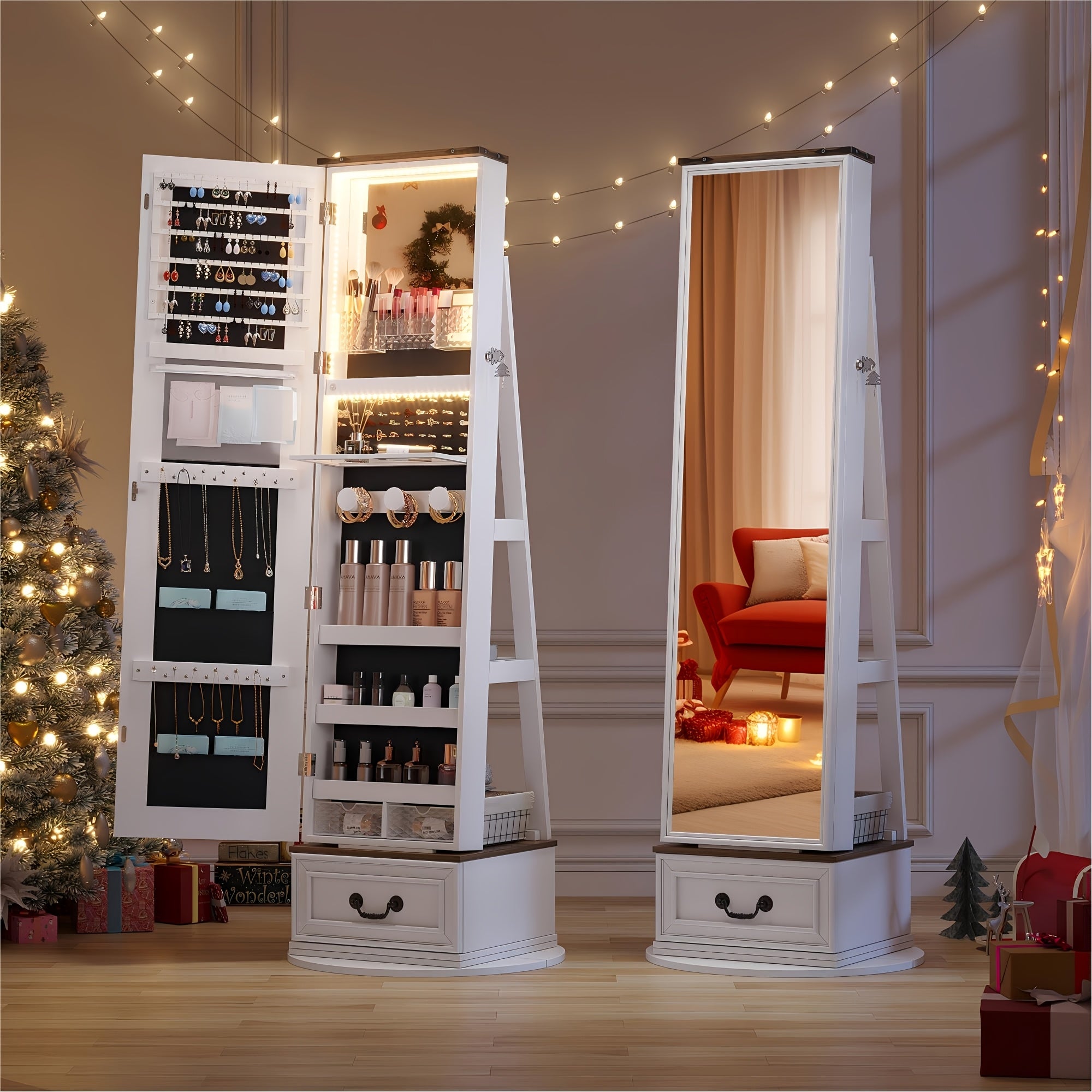 Vintage-Inspired 360° Swivel Jewelry Mirror Cabinet with Lights - Lockable, Full Length Organizer with Storage Drawer for Bedroom Decor