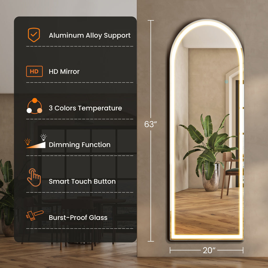MCQ Arched\u002FRectangular LED Full Length Mirror, Full Body Floor Mirror Standing Hanging or Leaning Wall, Arch Wall Mirror with Stand Aluminum Alloy Thin Frame for Bedroom, Bathroom, Store
