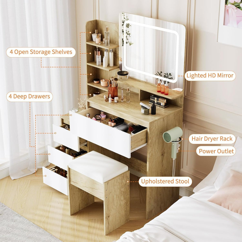 Modern 36-inch Dressing Table with LED Mirror & Adjustable Lighting, USB Port & Power Outlet - \u002FVanity Desk Suitable for Bedroom, Stool Included, Storage Shelves & Drawers, Assembly Required ( Style)