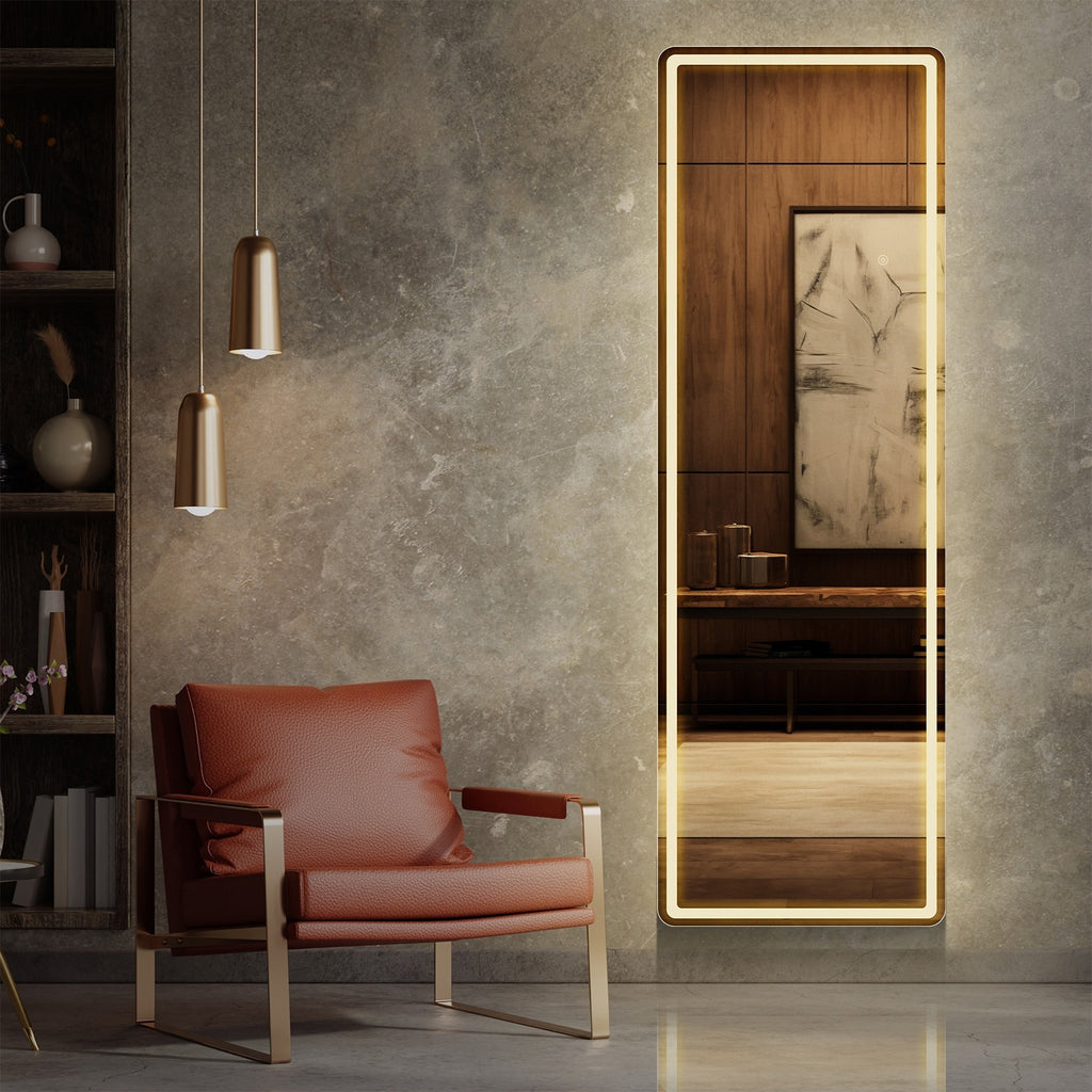 MCQ Arched\u002FRectangular LED Full Length Mirror, Full Body Floor Mirror Standing Hanging or Leaning Wall, Arch Wall Mirror with Stand Aluminum Alloy Thin Frame for Bedroom, Bathroom, Store