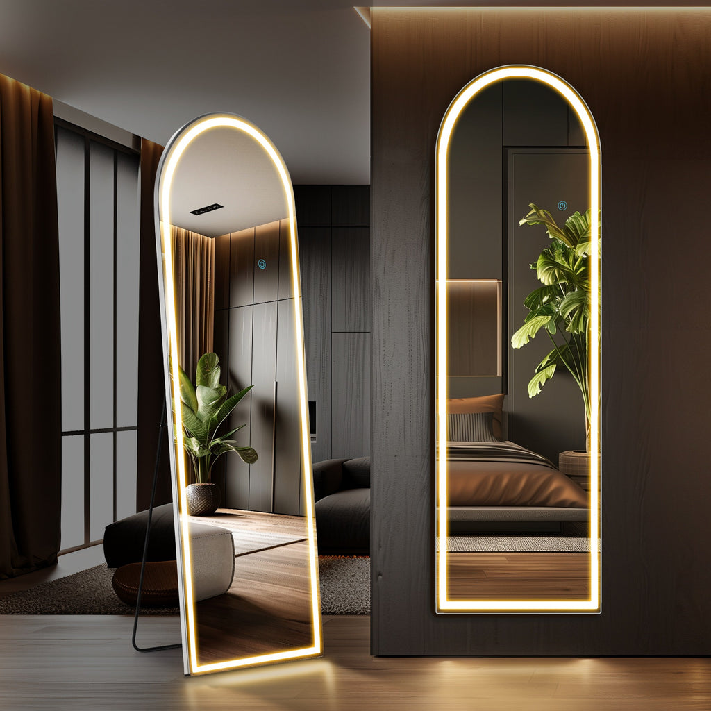 MCQ Arched\u002FRectangular LED Full Length Mirror, Full Body Floor Mirror Standing Hanging or Leaning Wall, Arch Wall Mirror with Stand Aluminum Alloy Thin Frame for Bedroom, Bathroom, Store